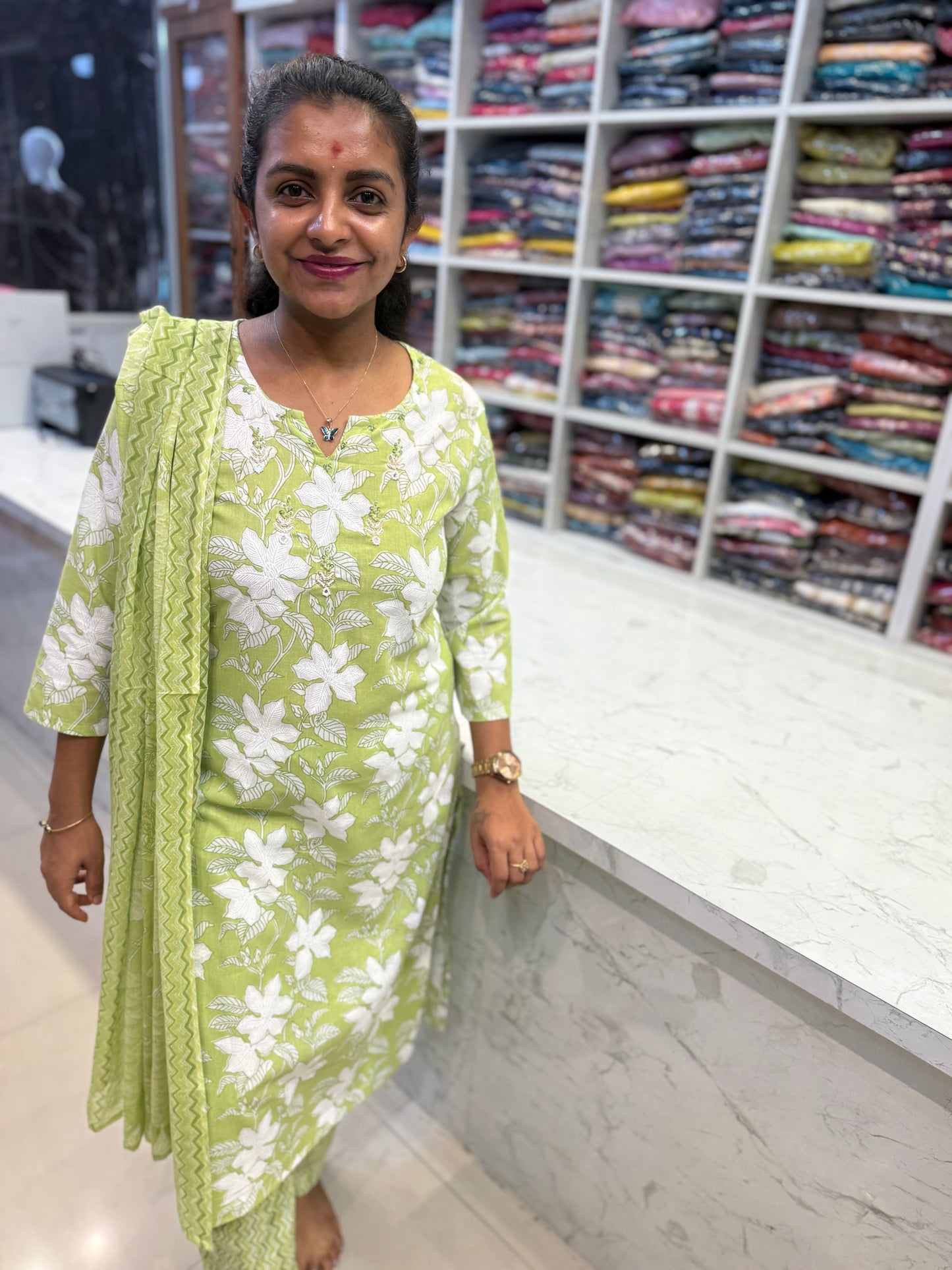 Green Cotton Kurti With Pant and Dupatta