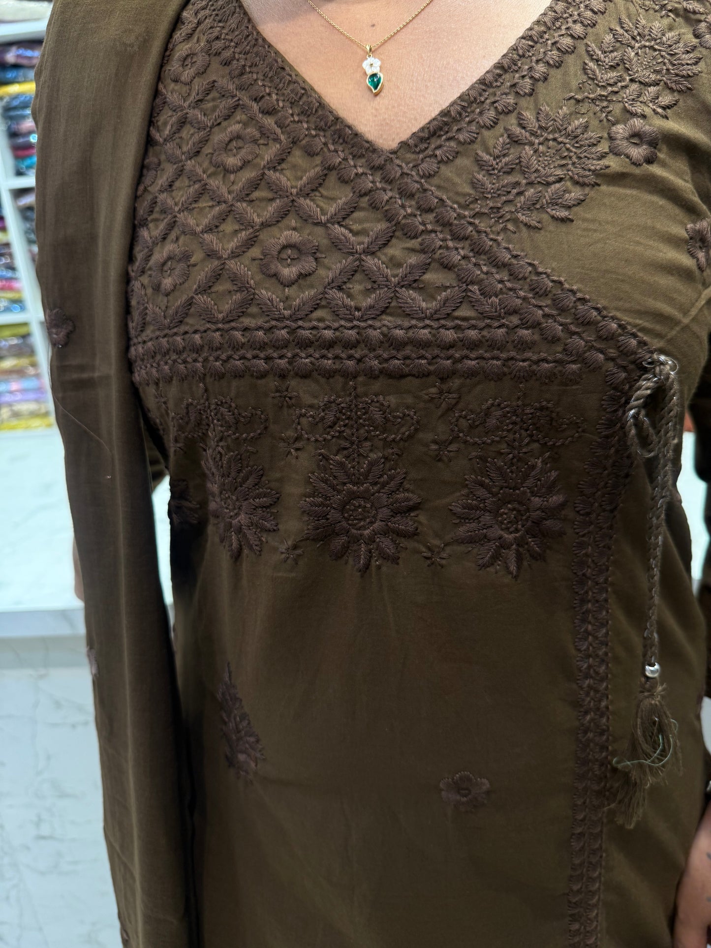 Coffee Brown Chikankari Embroidery Kurti With Pant and Dupatta-HSC163