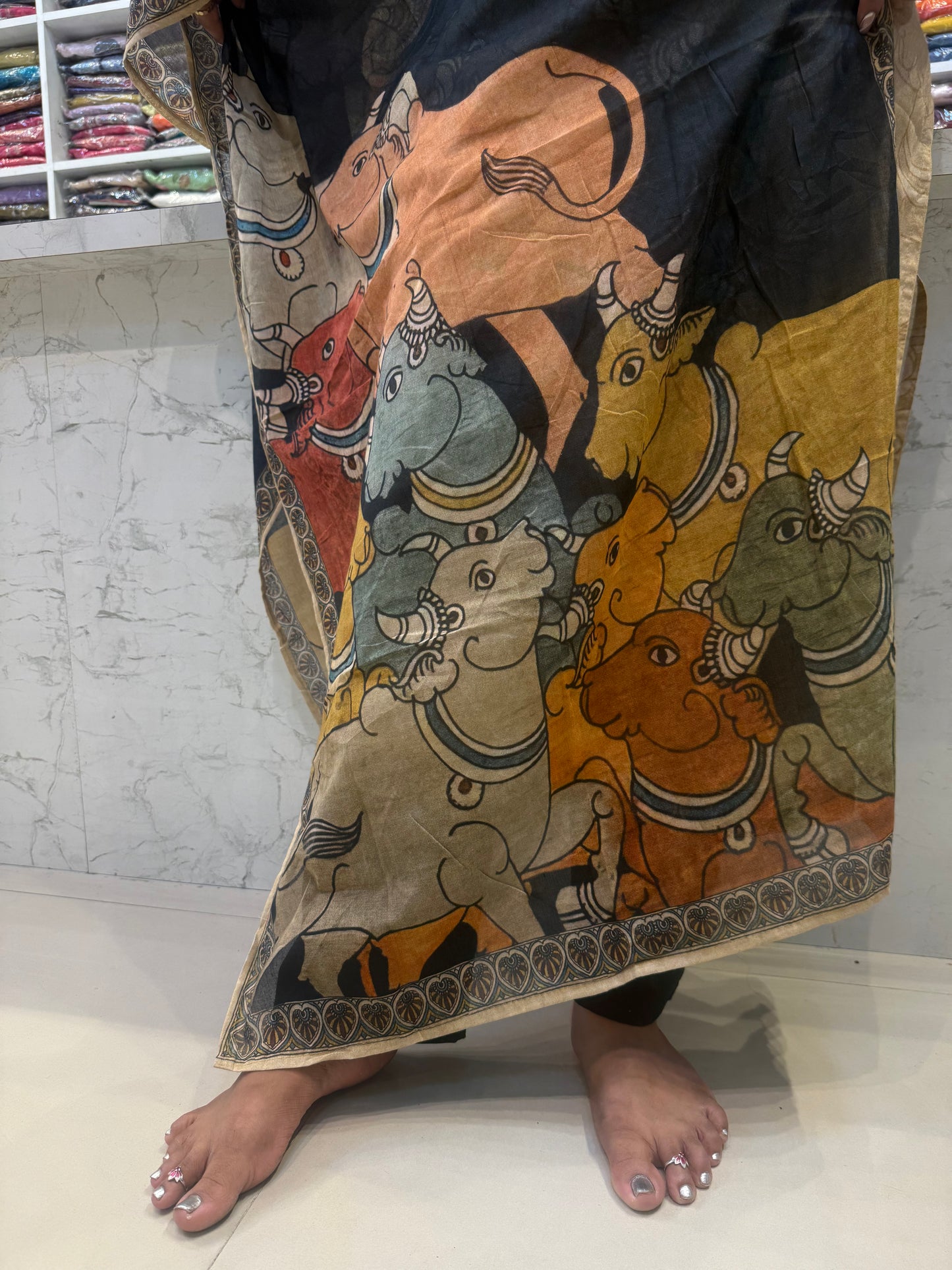 Pichwai Printed Cotton Kurti With Pant and Dupatta-HSC114