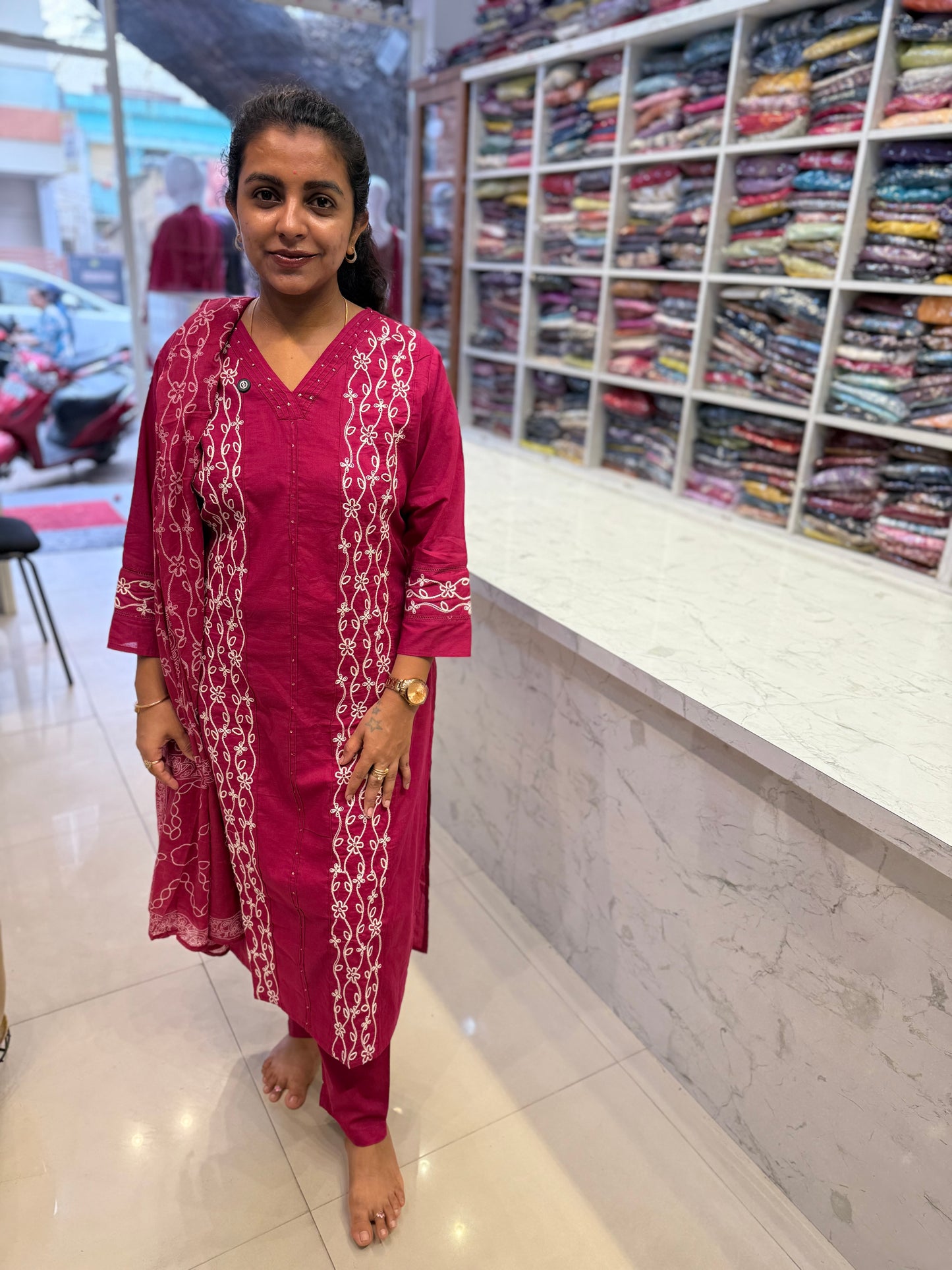 Rani Pink Embroidery Pure Cotton Kurti With Pant and Dupatta-HSC10