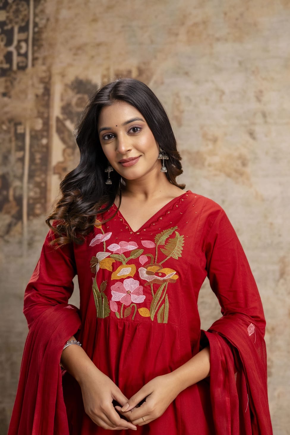 Mul Cotton A-line Kurti With Pant and Dupatta