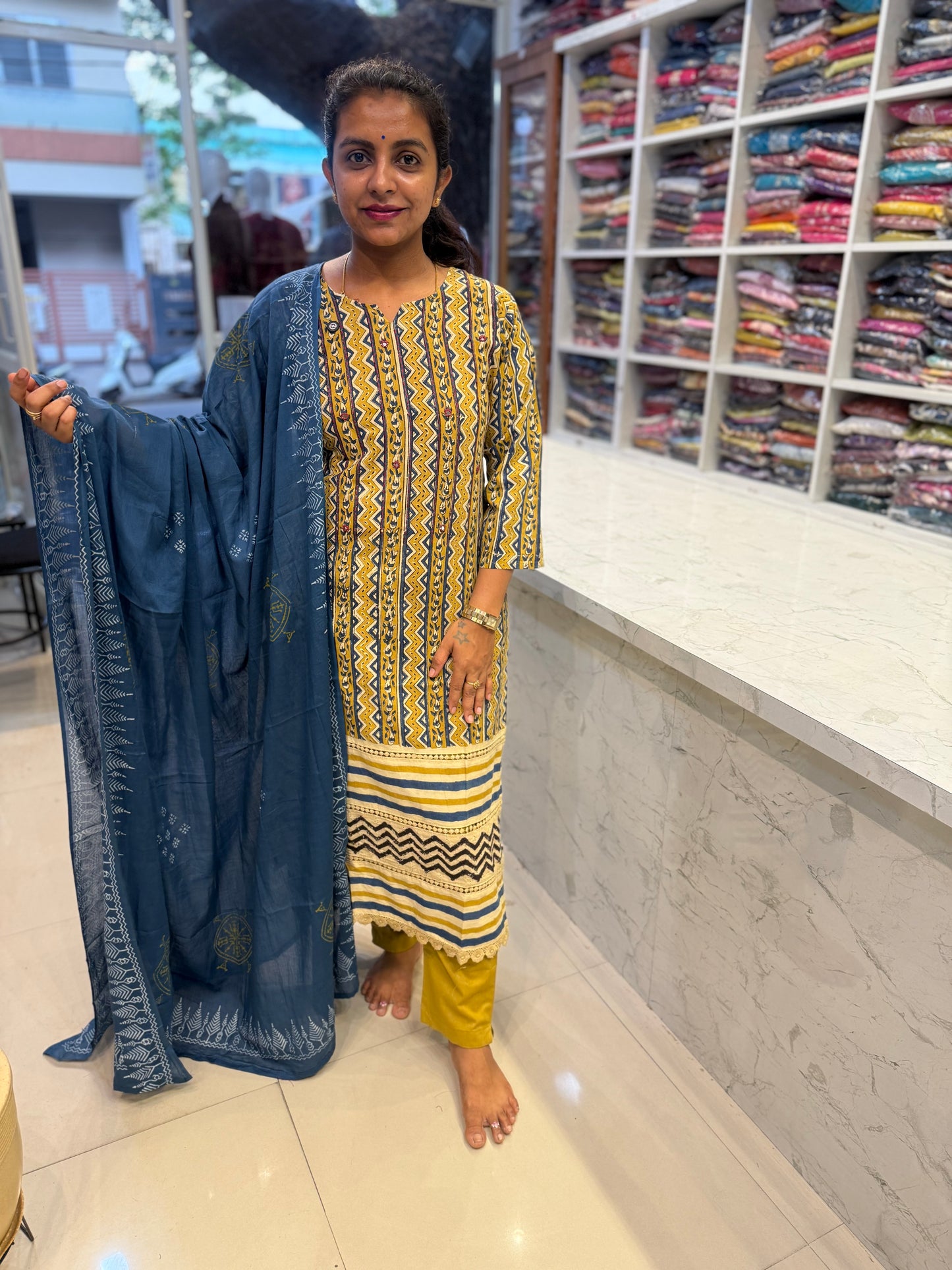 Mustard with Blue Block Printed Pure Cotton Kurti With Pant and Dupatta-HSC91
