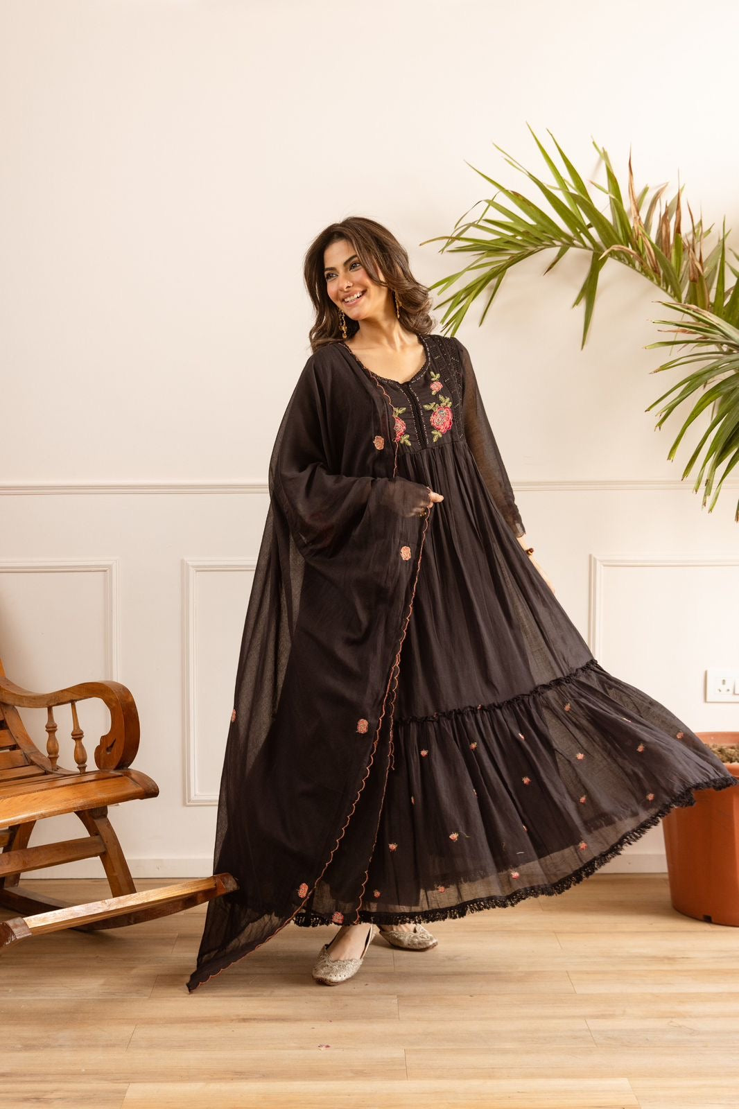 Black Flared Mul Cotton Embroidered Suit-HSC151