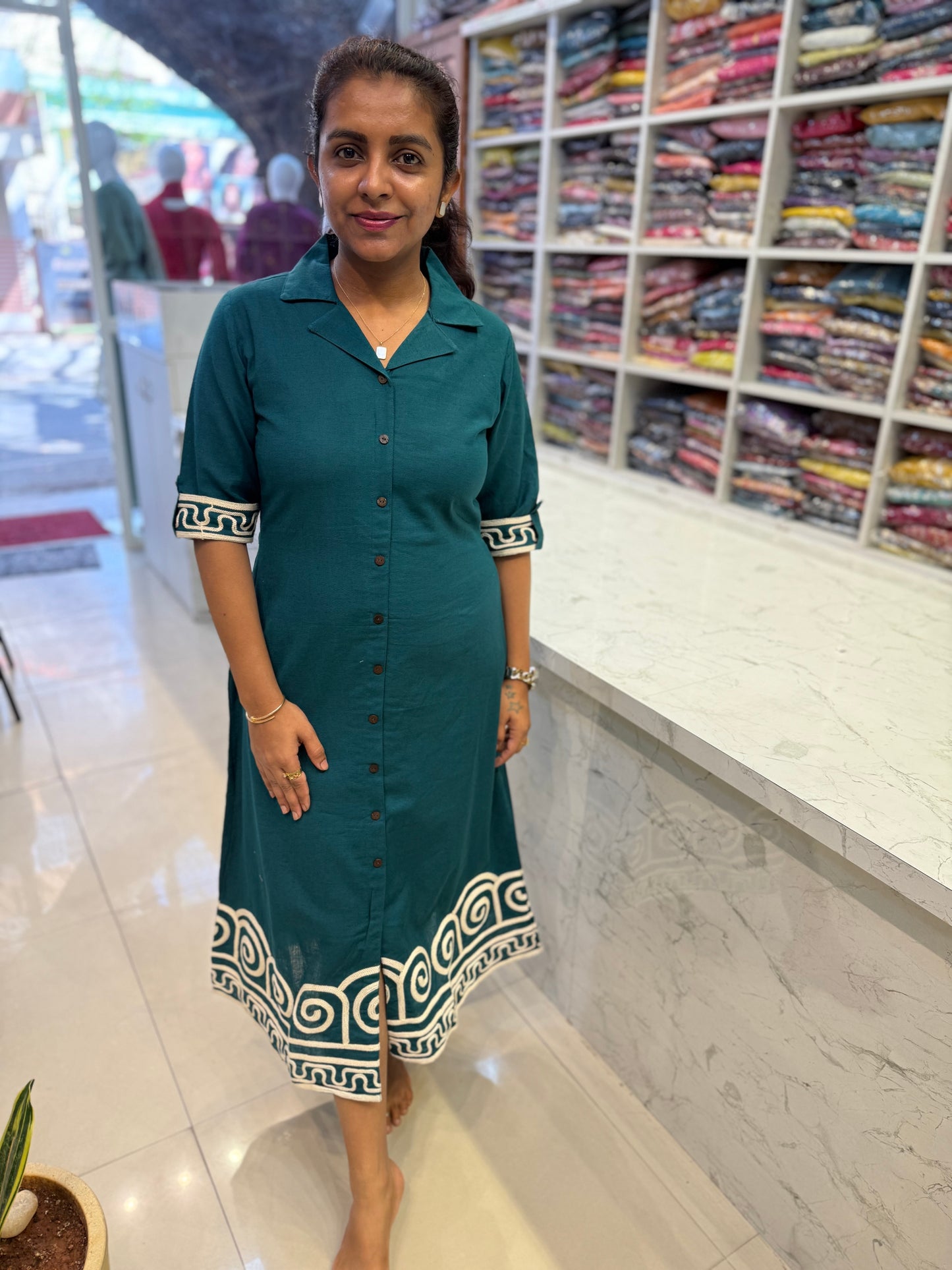 Green Maxi A-line Embroidery Dress-HSC7
