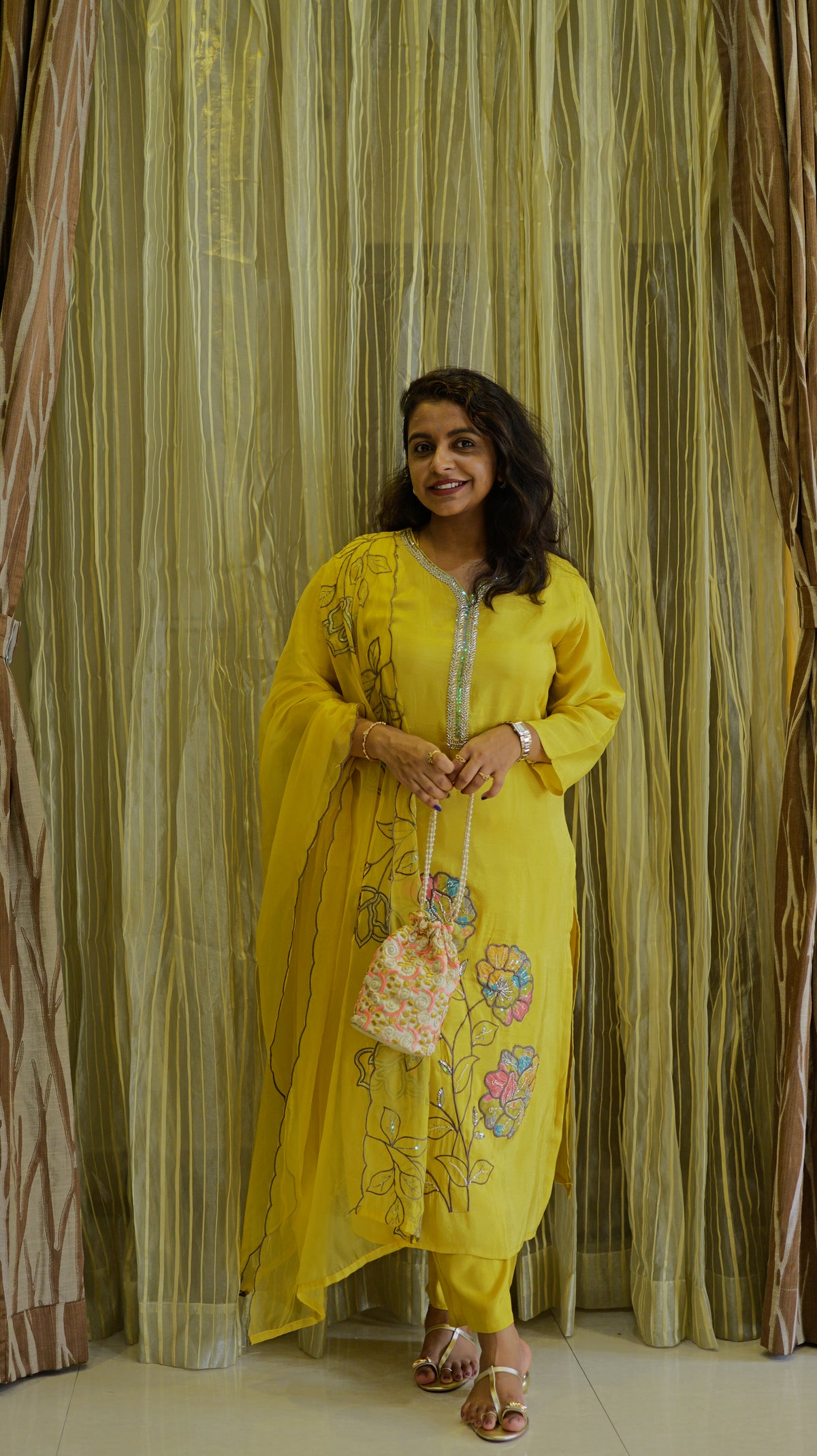 Yellow Pure Tissue Silk Kurti With Pant and Dupatta -HSC1238