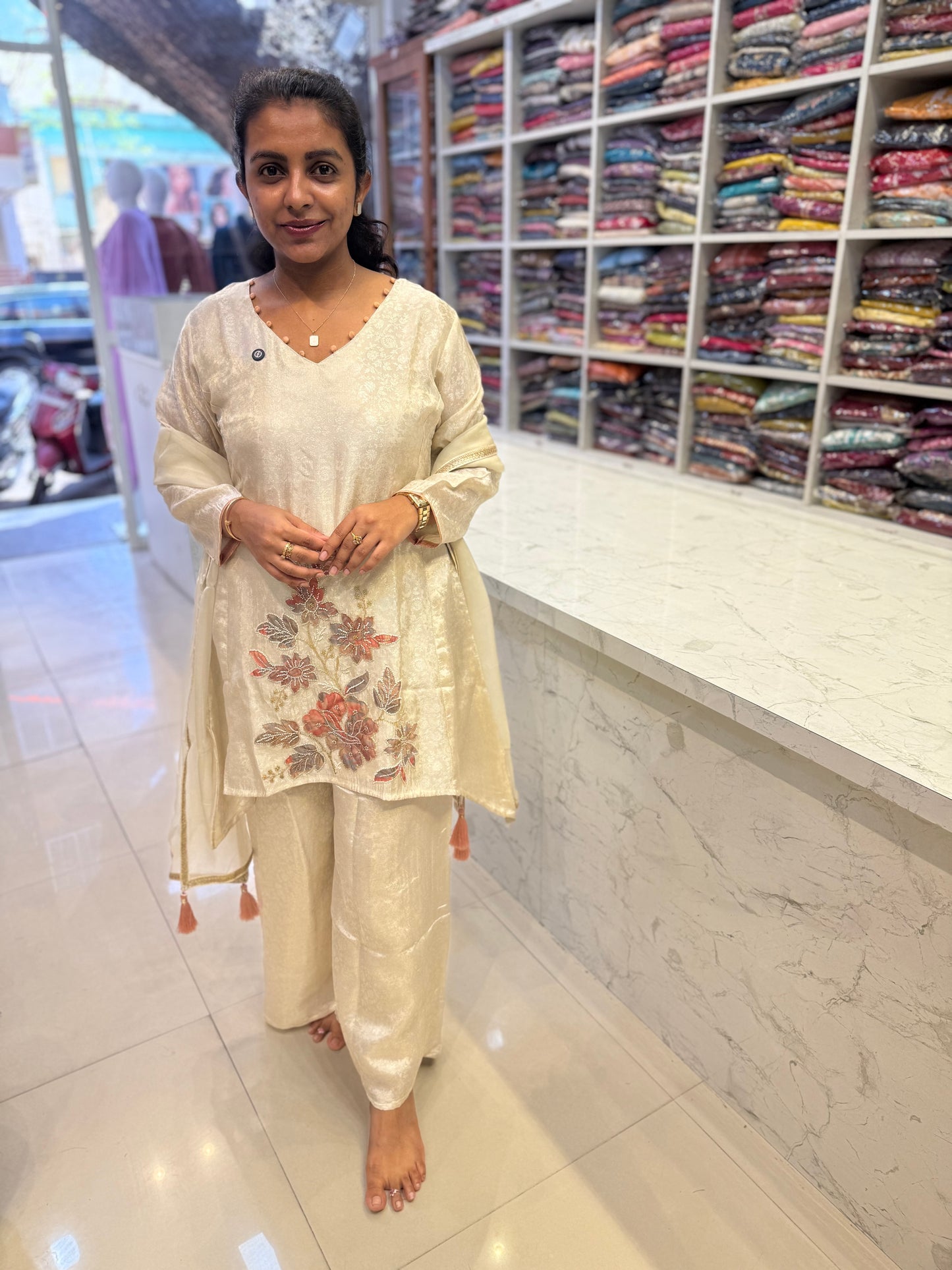 Premium Tissue Jacquard Fish Cut Kurti With Divider Pant and Dupatta