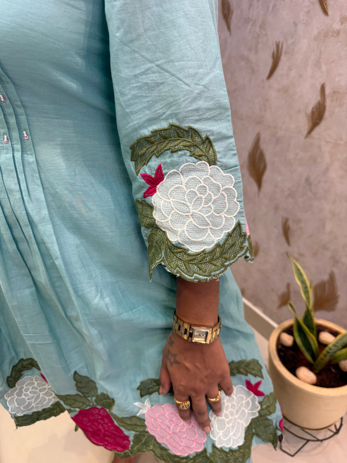 Powder Blue Embroidery Cutwork Cotton Co-ords Set- HSC1168