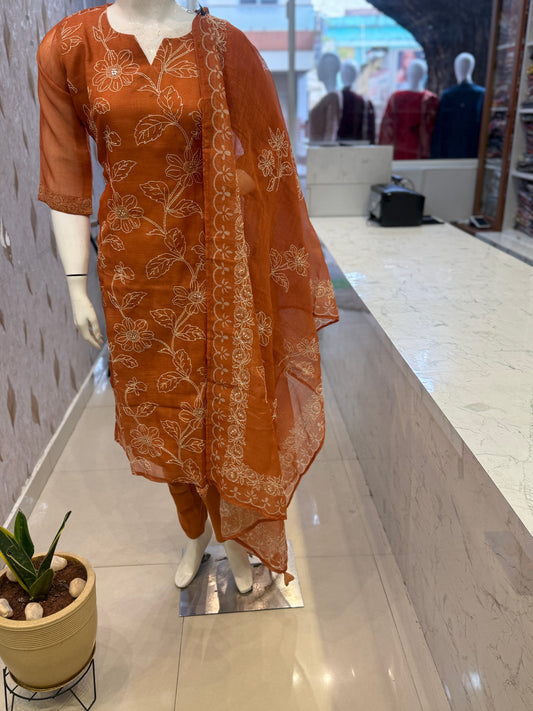 Tissue Linen Thread Embroidery Kurti With Pant and Dupatta