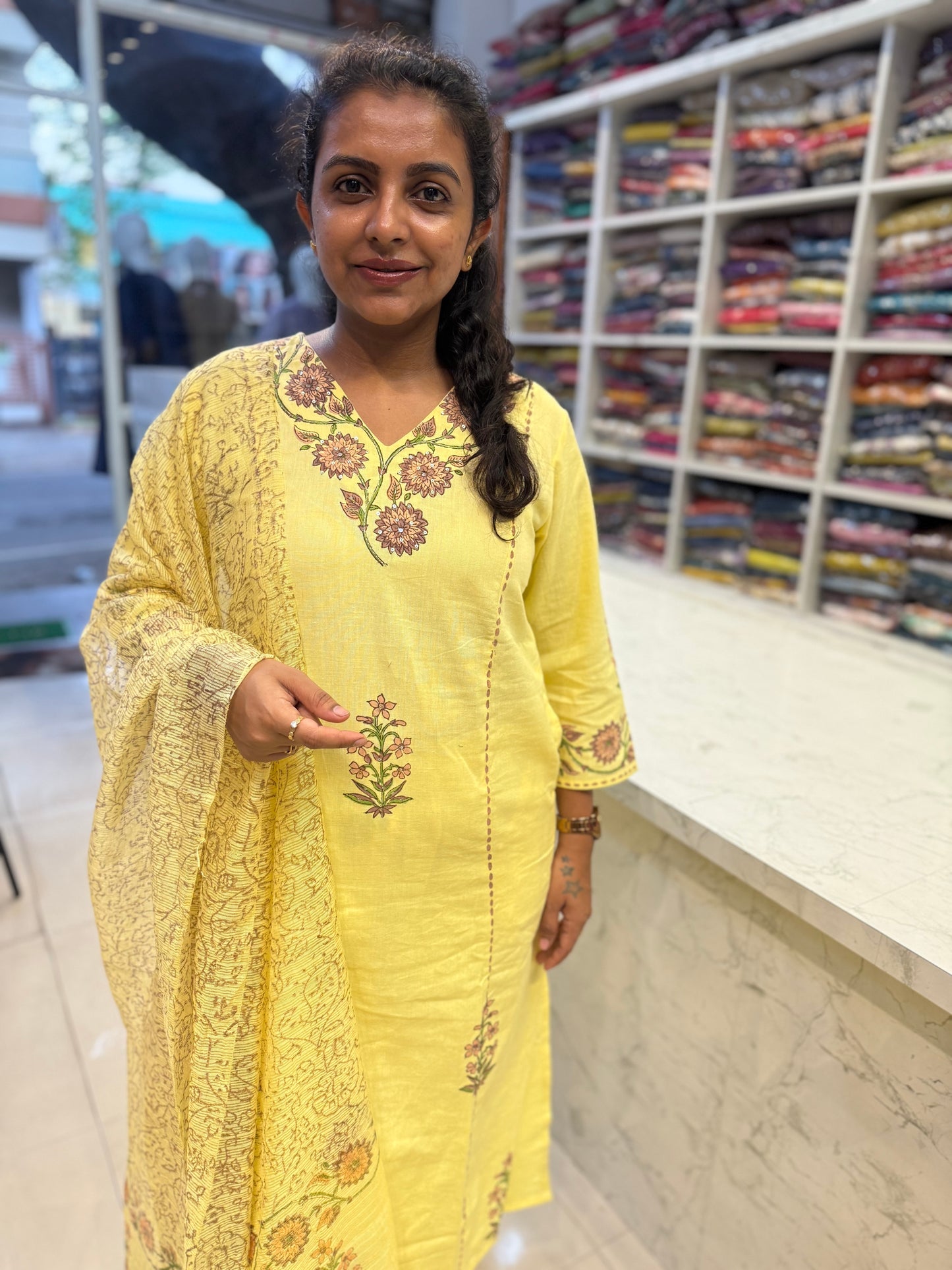 Lemon Yellow Pure Cotton Flex Embroidery Kurti With Pant and Dupatta - HSC1146