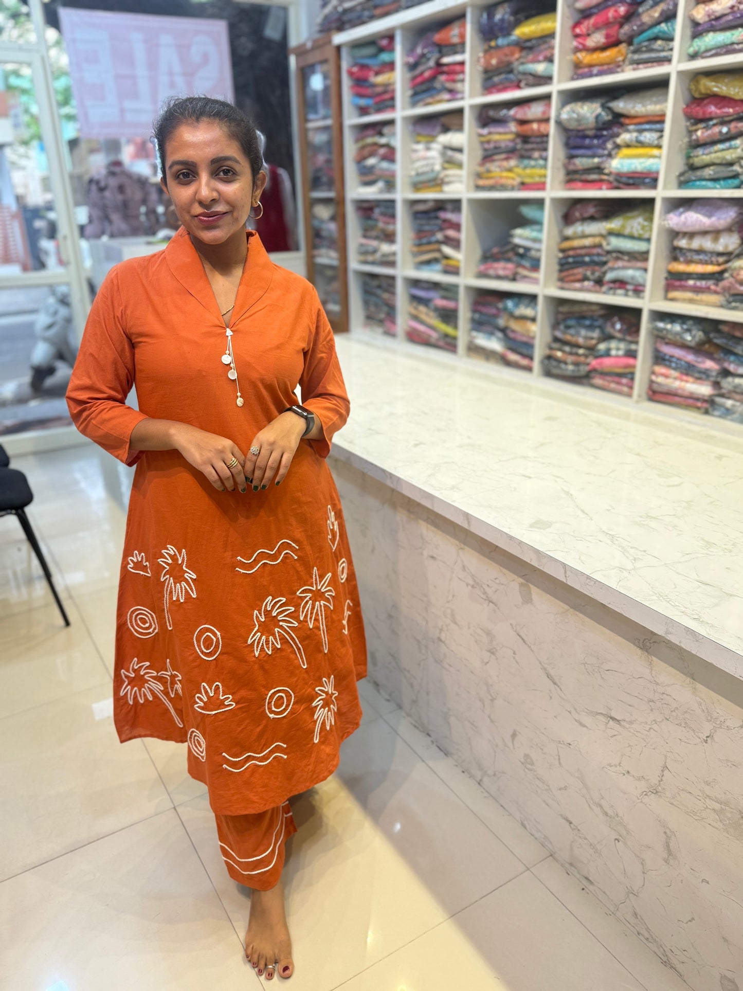 Orange Thread Embroidery Pure Cotton Co-ords Set