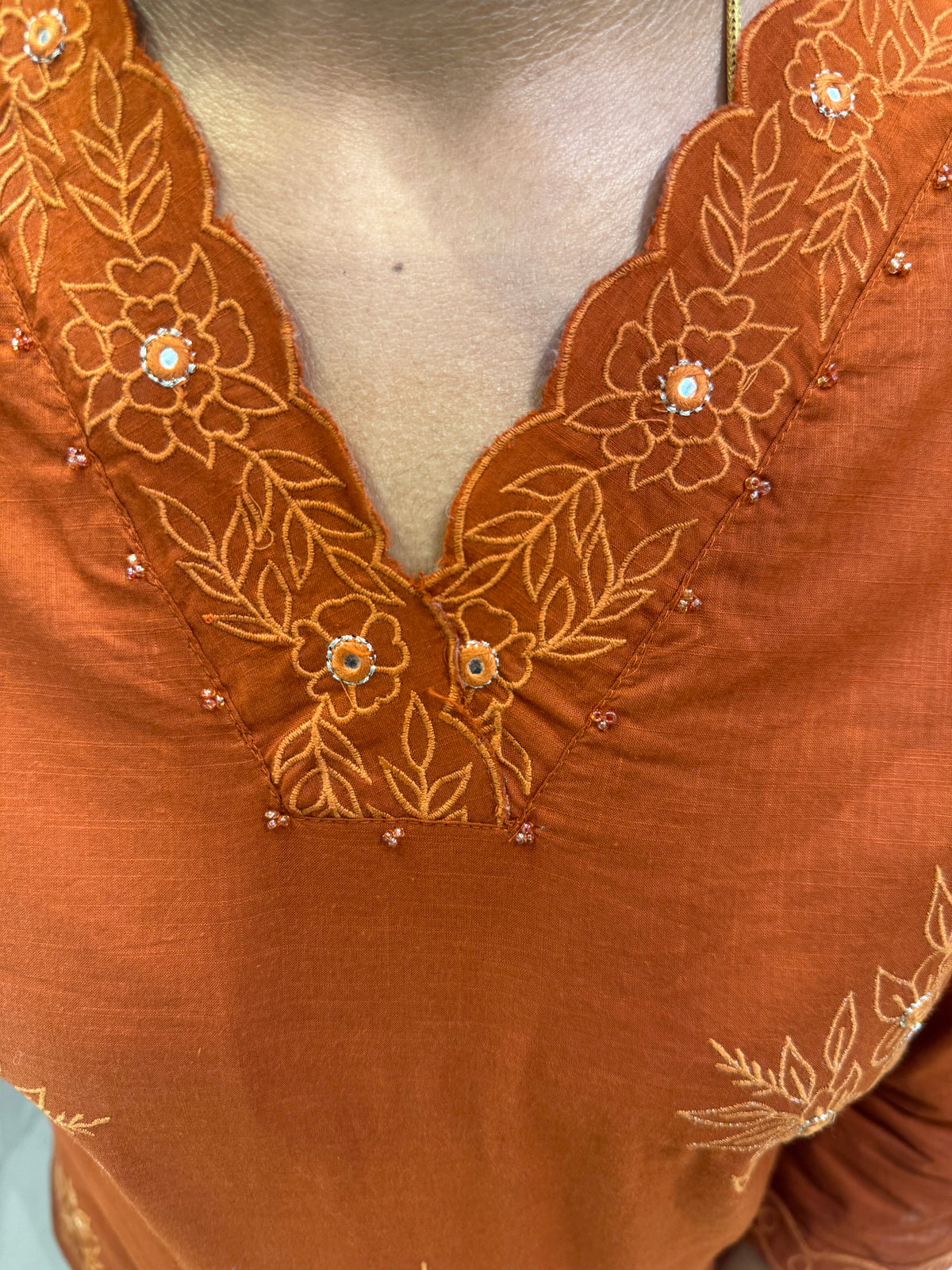 Rust Embroidery Pure Cotton Kurti With Pant -HSC1246