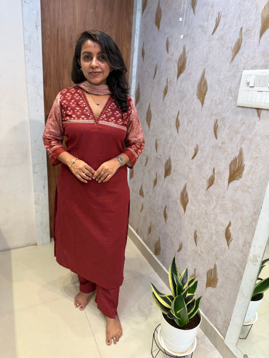 Marron Pure Cotton Kurti With Pant and Dupatta -HSC1316