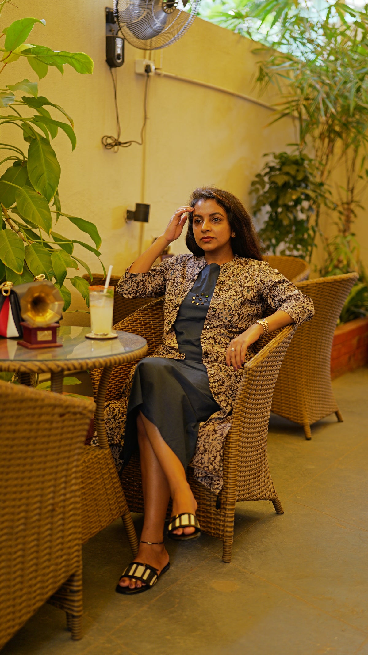 Kalamkari Navy Blue Printed A-line Dress -HSC1265