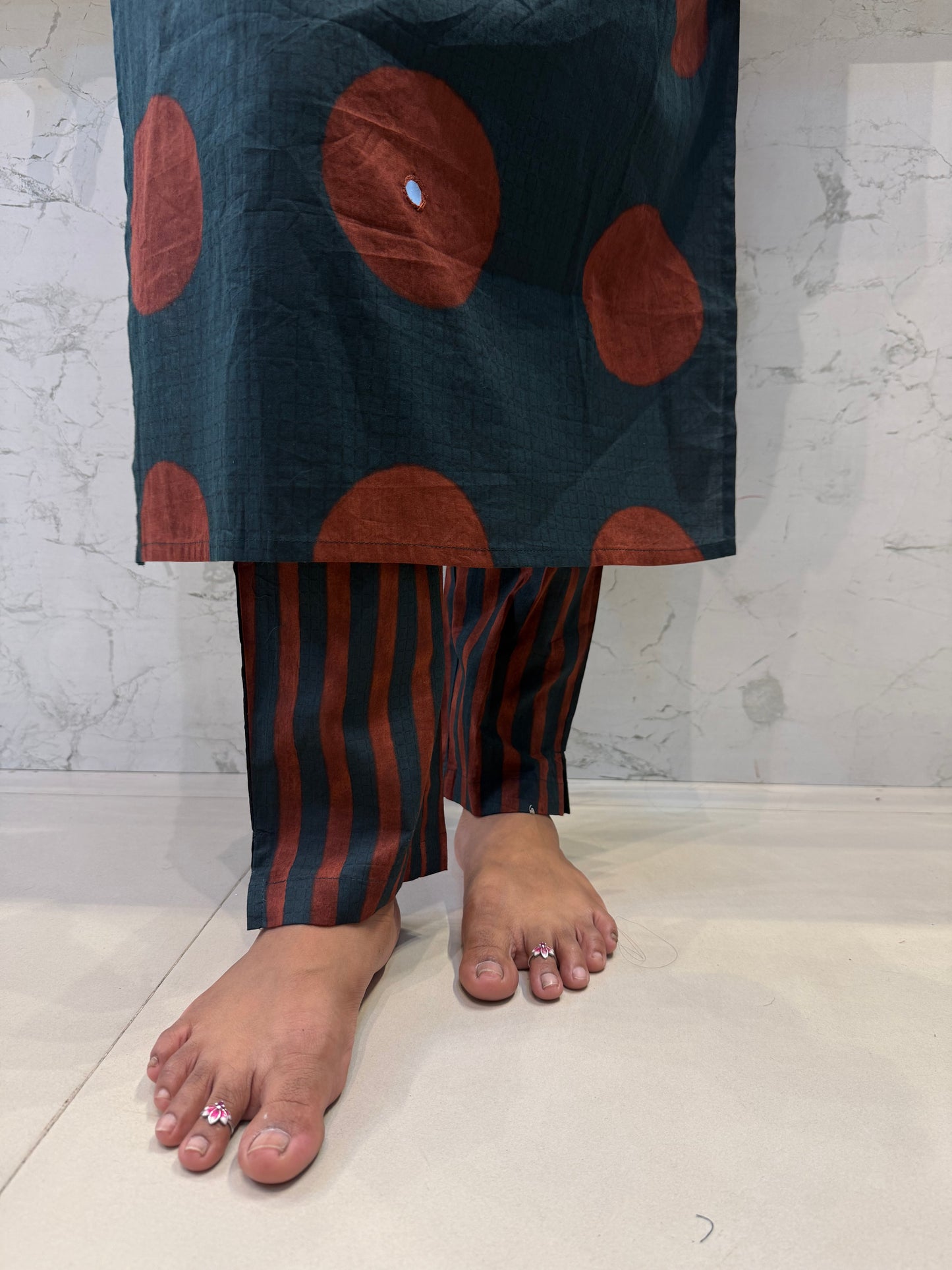 Green Polka Dots Cotton Kurti With stripes Pant Kurti and Pant-HSC70