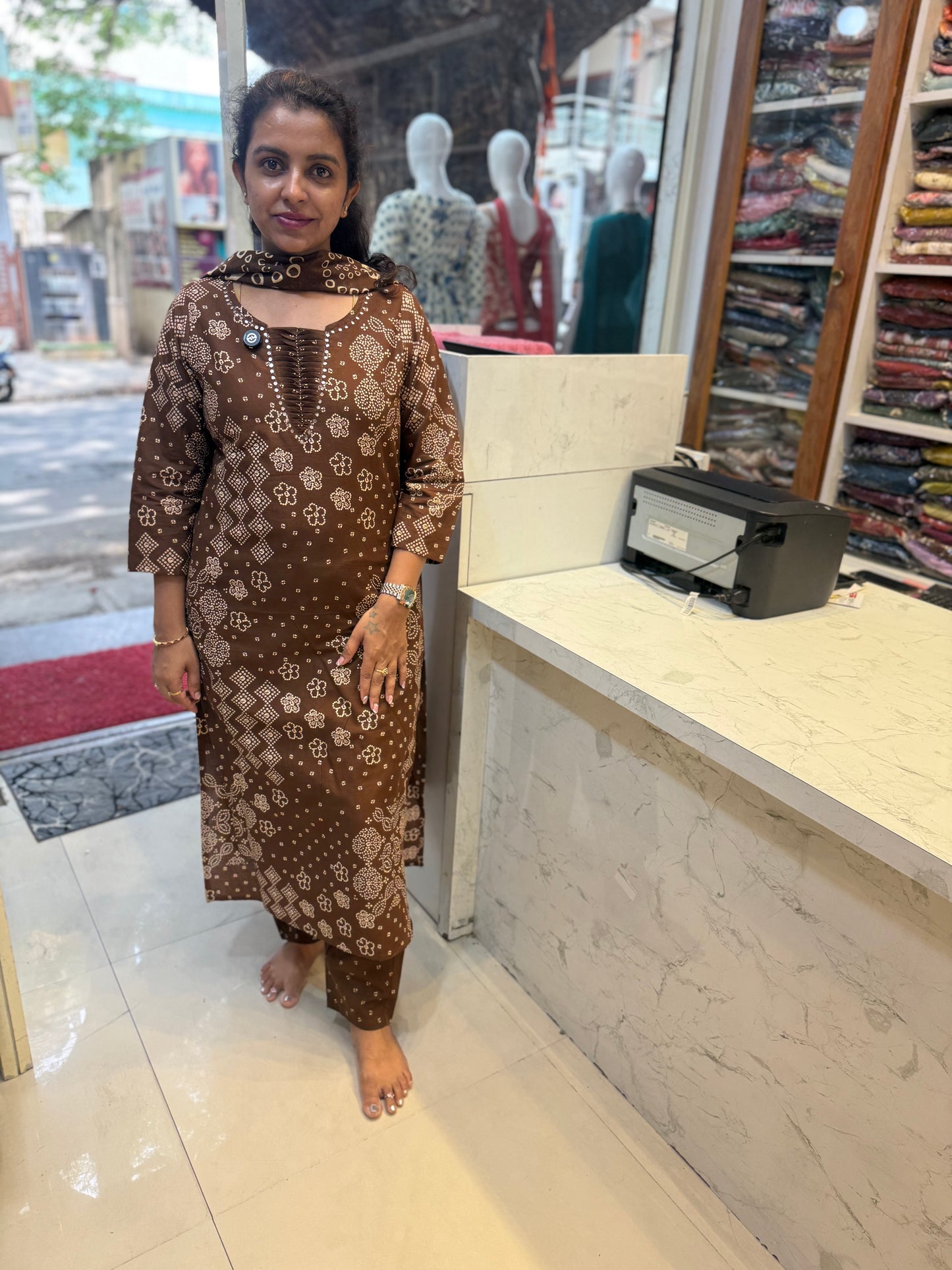 Brown Bandini Cotton Kurti With Pant and Dupatta-HSC124