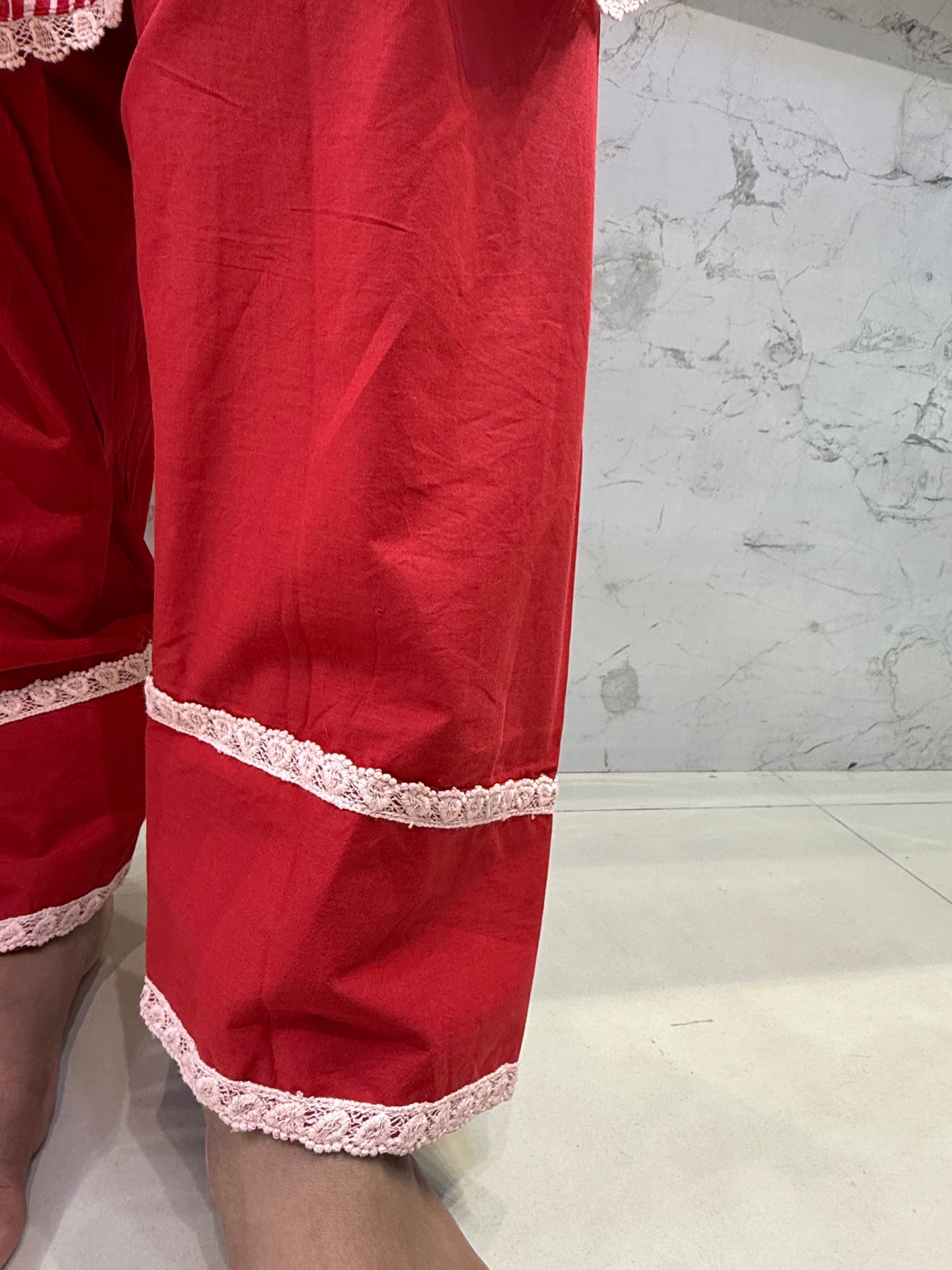 Pure Cotton Red Shell Detail with Kurti with Pant and Dupatta