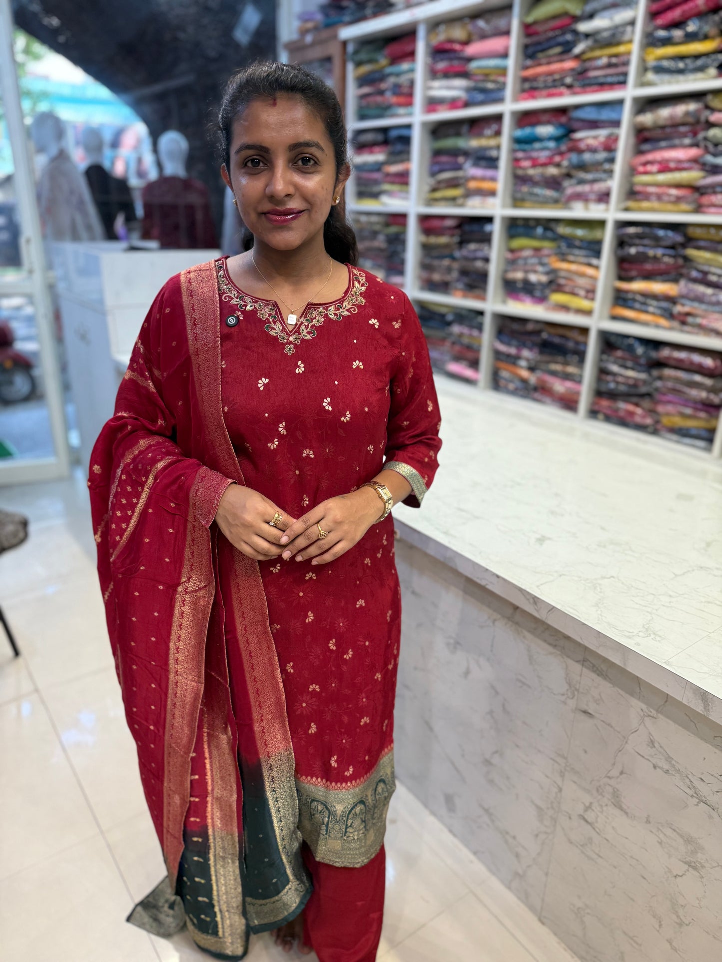 Rich Marron Kurti With Pant and Dupatta-HSC33