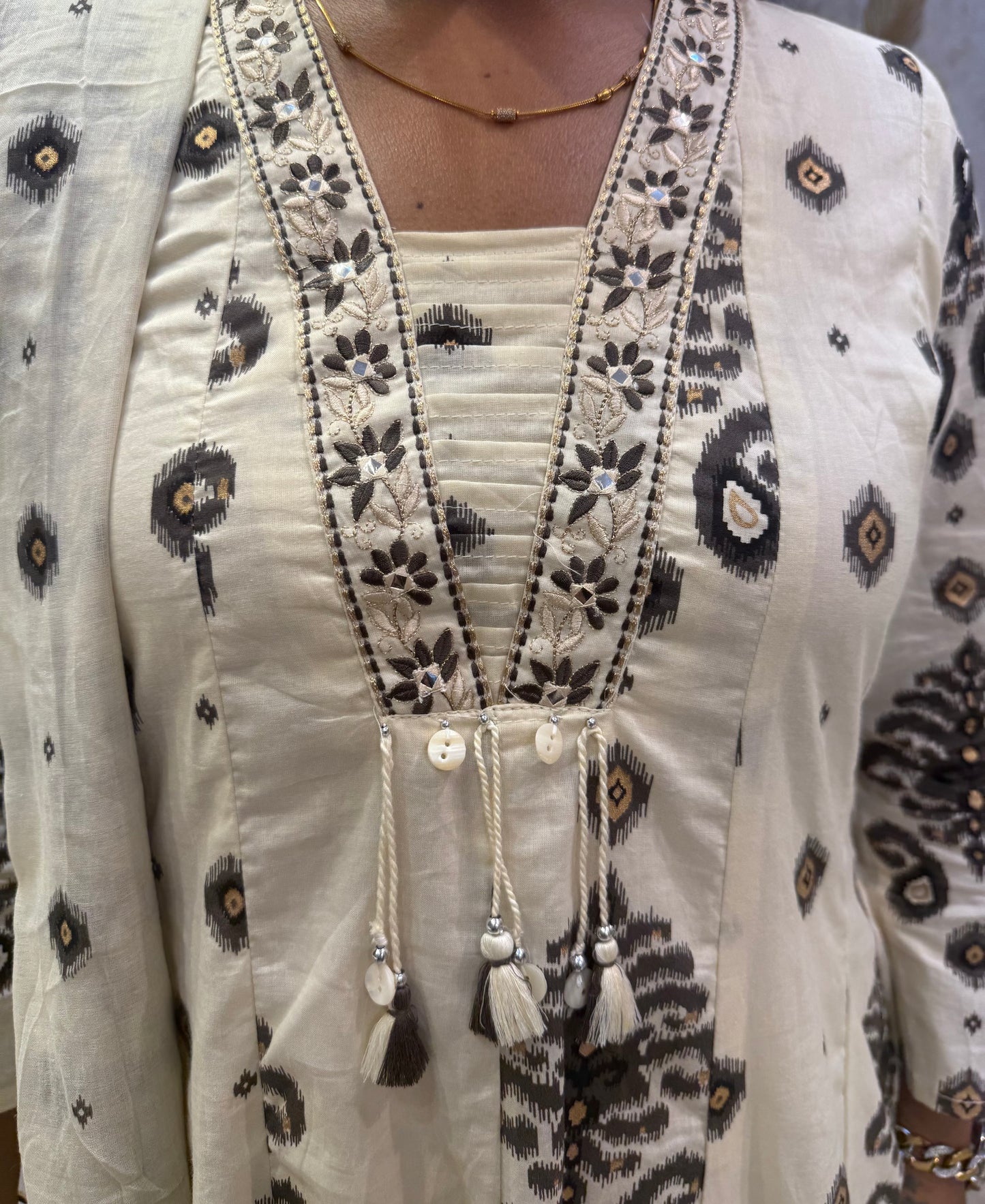 Half White printed A-line Kurti With Pant and Dupatta-HSC149