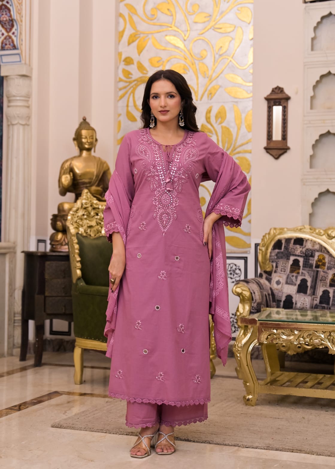 Thread Embroidery Two sides pockets Kurti With Pant and Dupatta - HSC1197