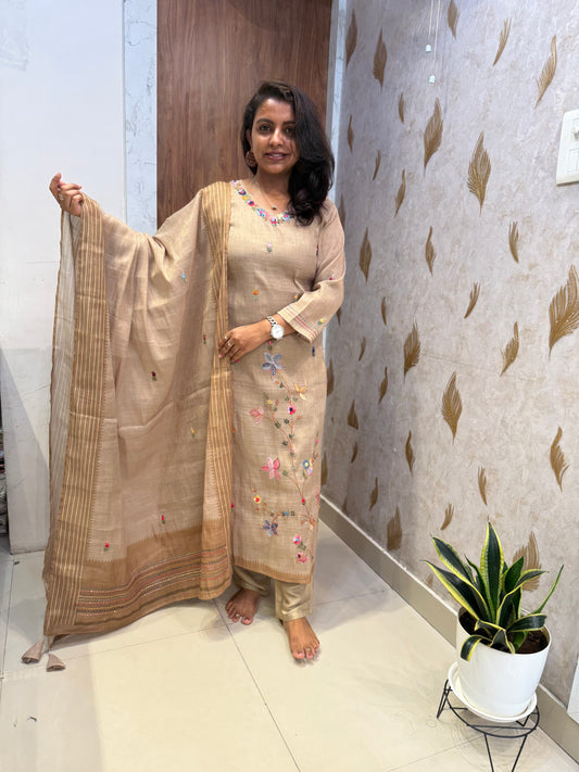 Shimmer Tissue Linen Bullion Knot Hnd Embroidery Kurti  Pant With Dupatta -HSC1337