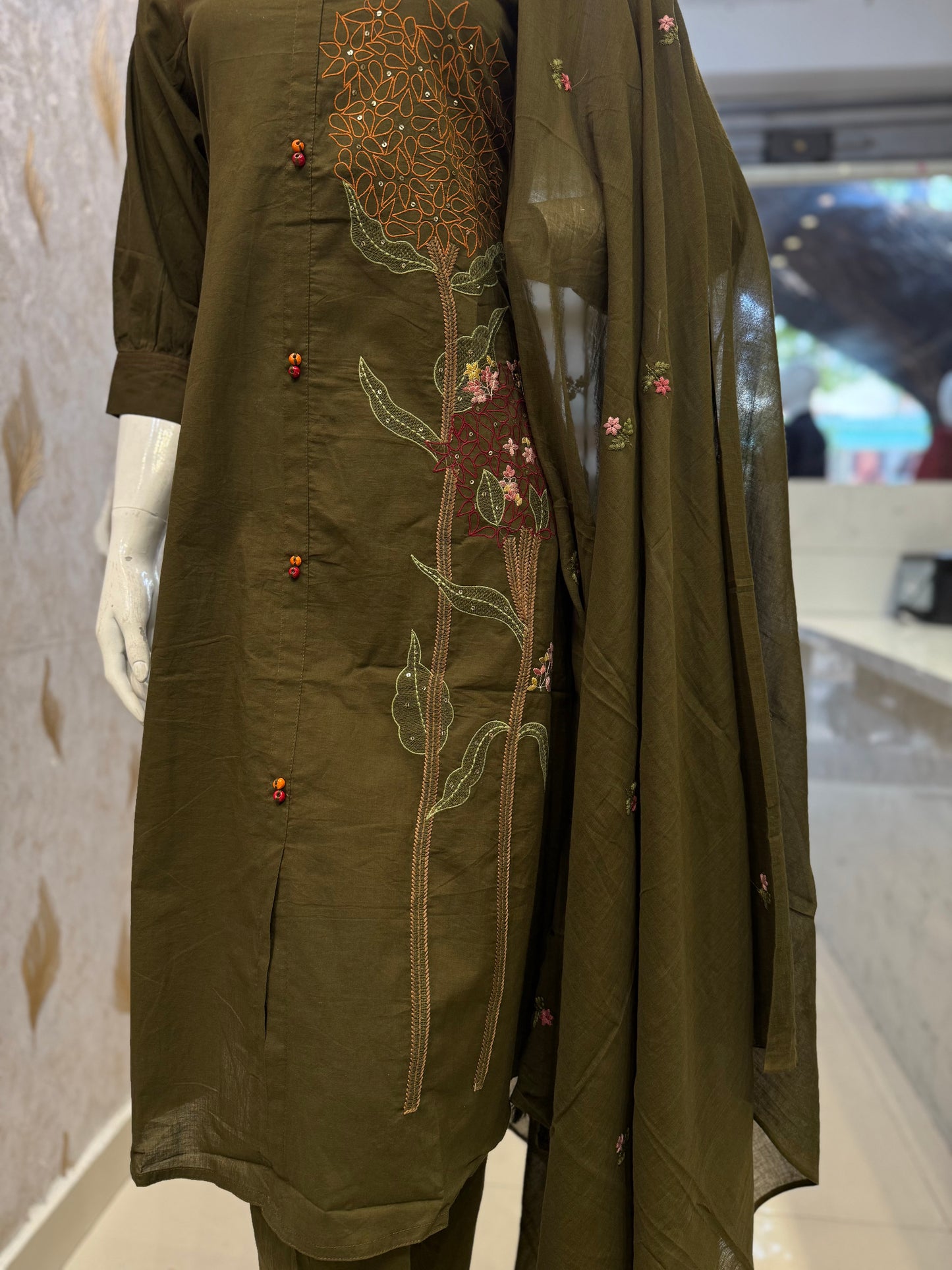 Green Embroidery Cotton Kurti With Pant and Dupatta-HSC30