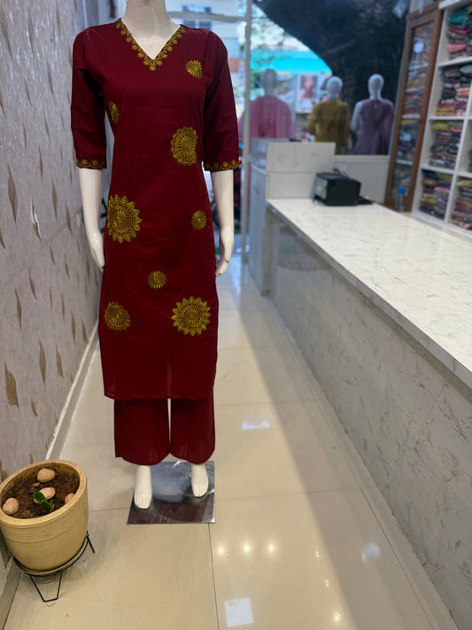Marron Embroidery Cotton Kurti With Pant-HSC153