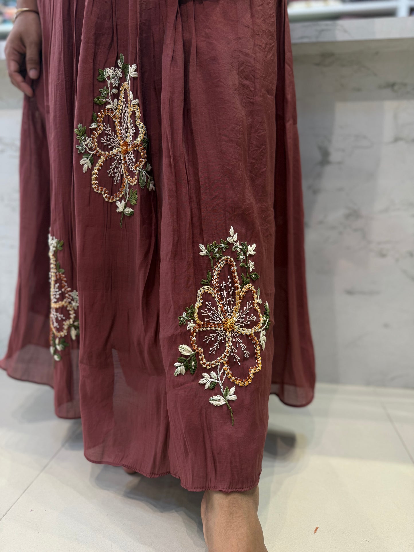 Mauve Brown Pure Mul Chanderi Hand Embroidered Kurti with Pant and Dupatta-HSC77