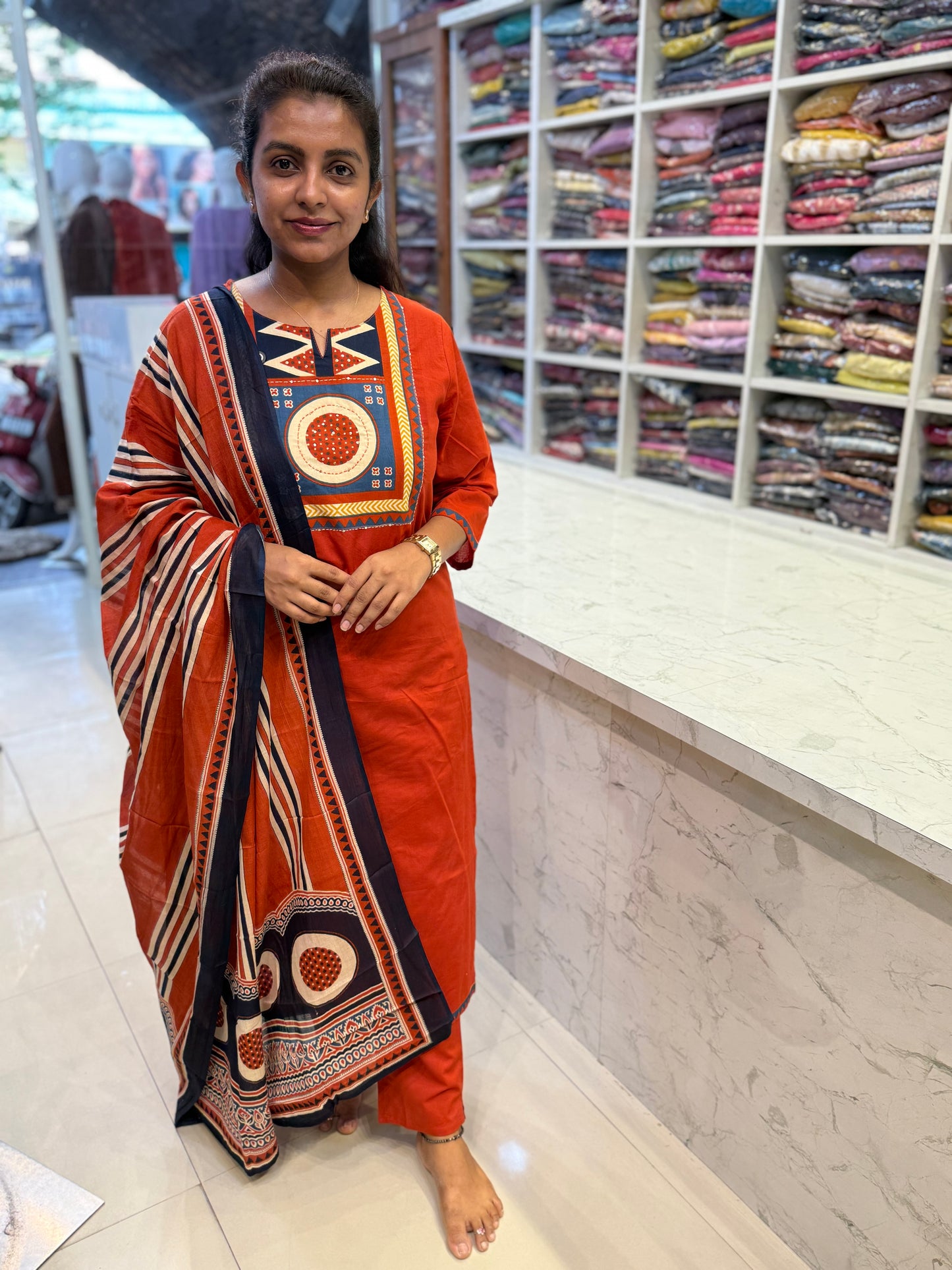 Orange Printed Patch Work Kurti With Pant and Dupatta-HSC107