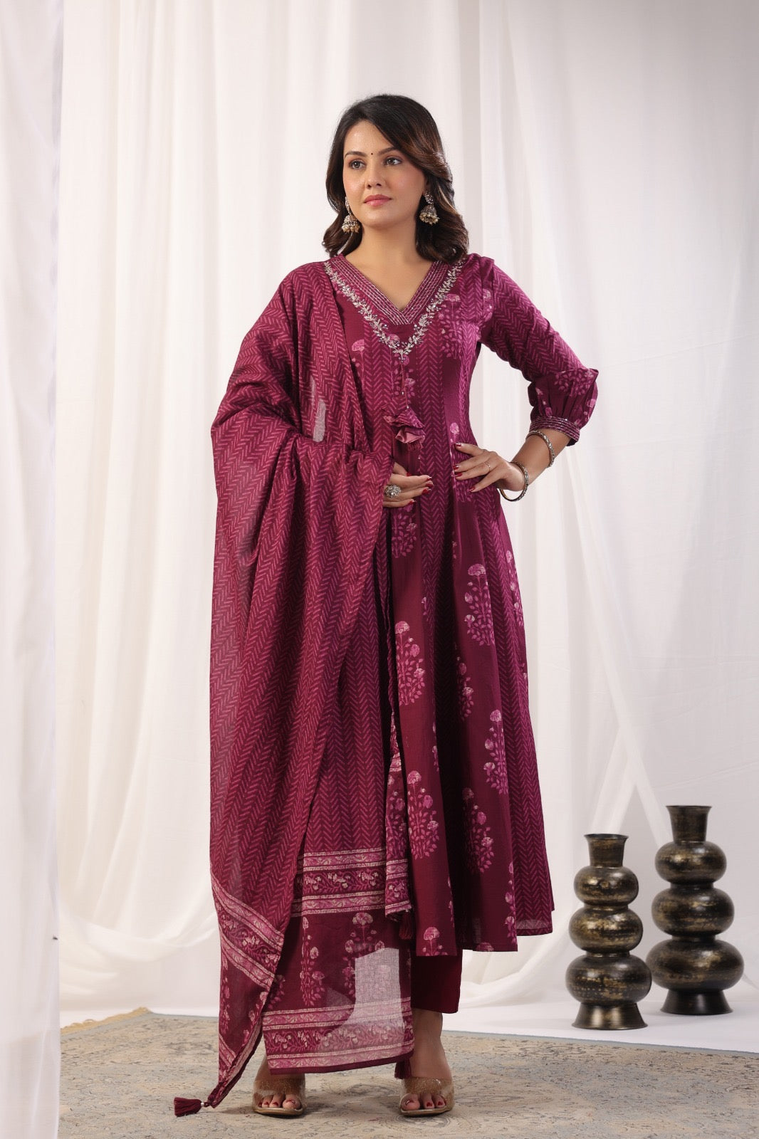Wine Anarkali Pure Cotton Kurti With Pant and Dupatta-HSC106