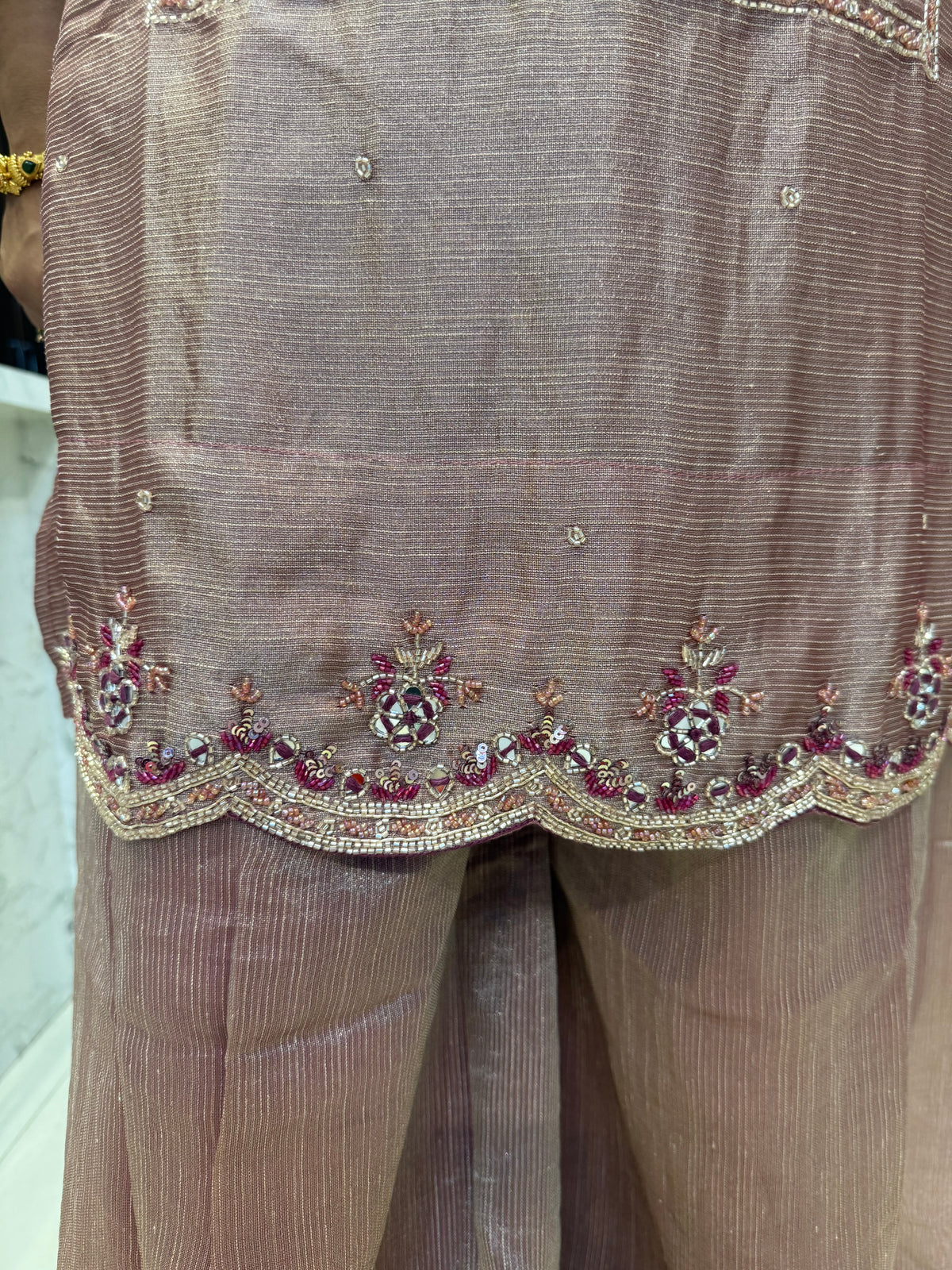 Shimmer Tissue Hand Embroidery Kurti With pant and dupatta -HSC1229