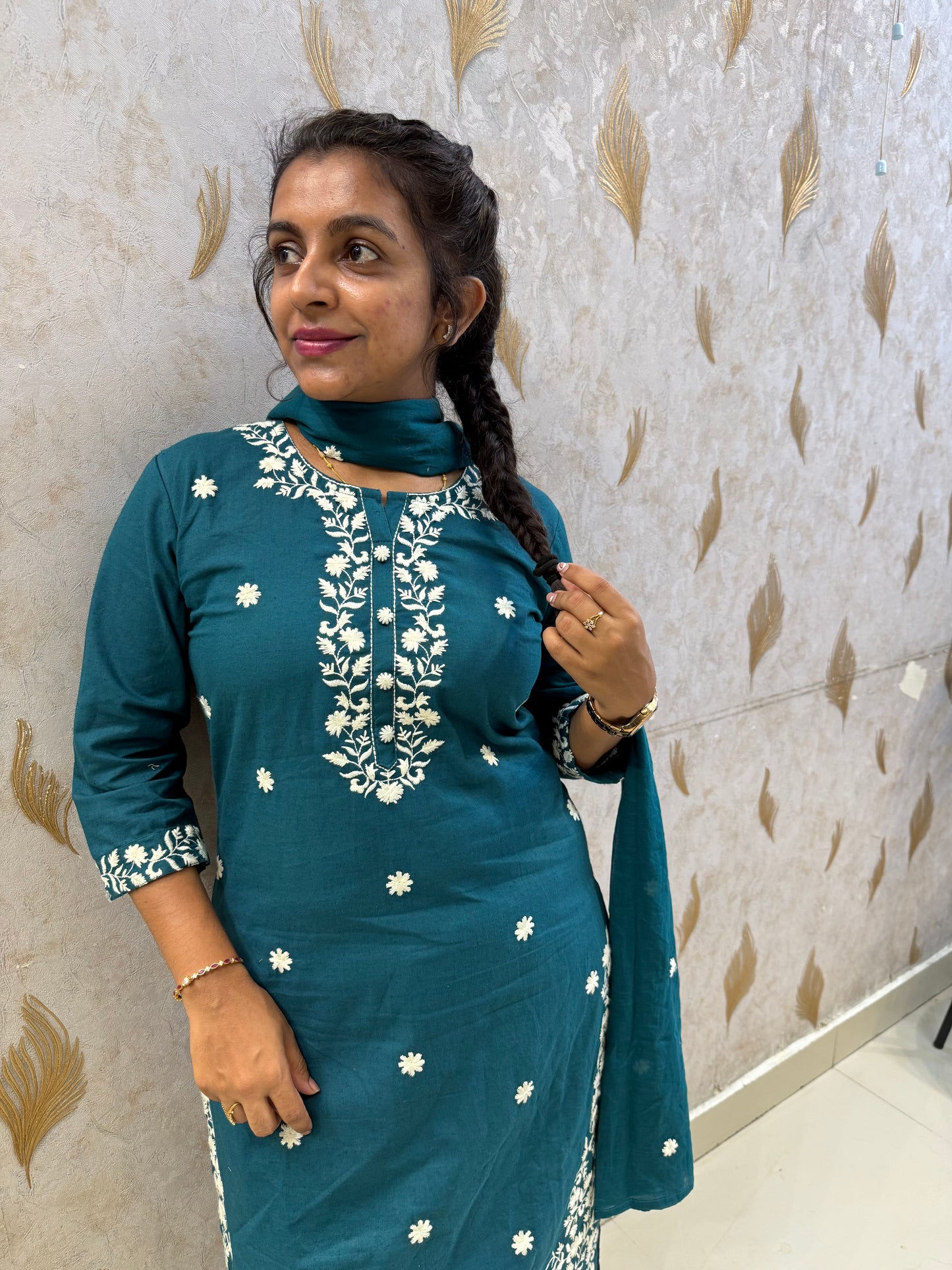 Rama Green Cotton Flex Embroidery Kurti With Pant and Dupatta-HSC141