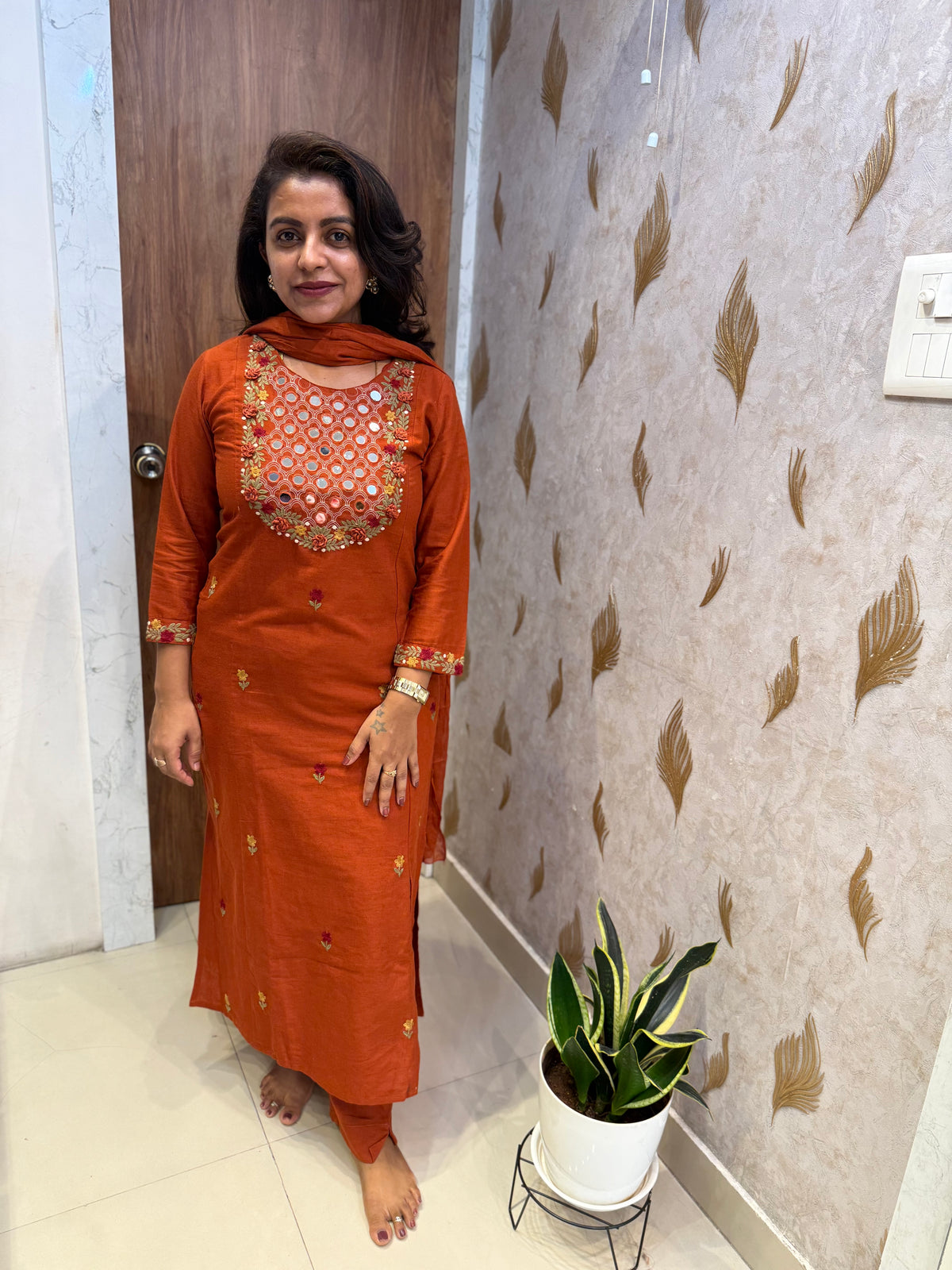 Rust Pure Cotton Embroidered Kurti with Pant and Dupatta -HSC1310
