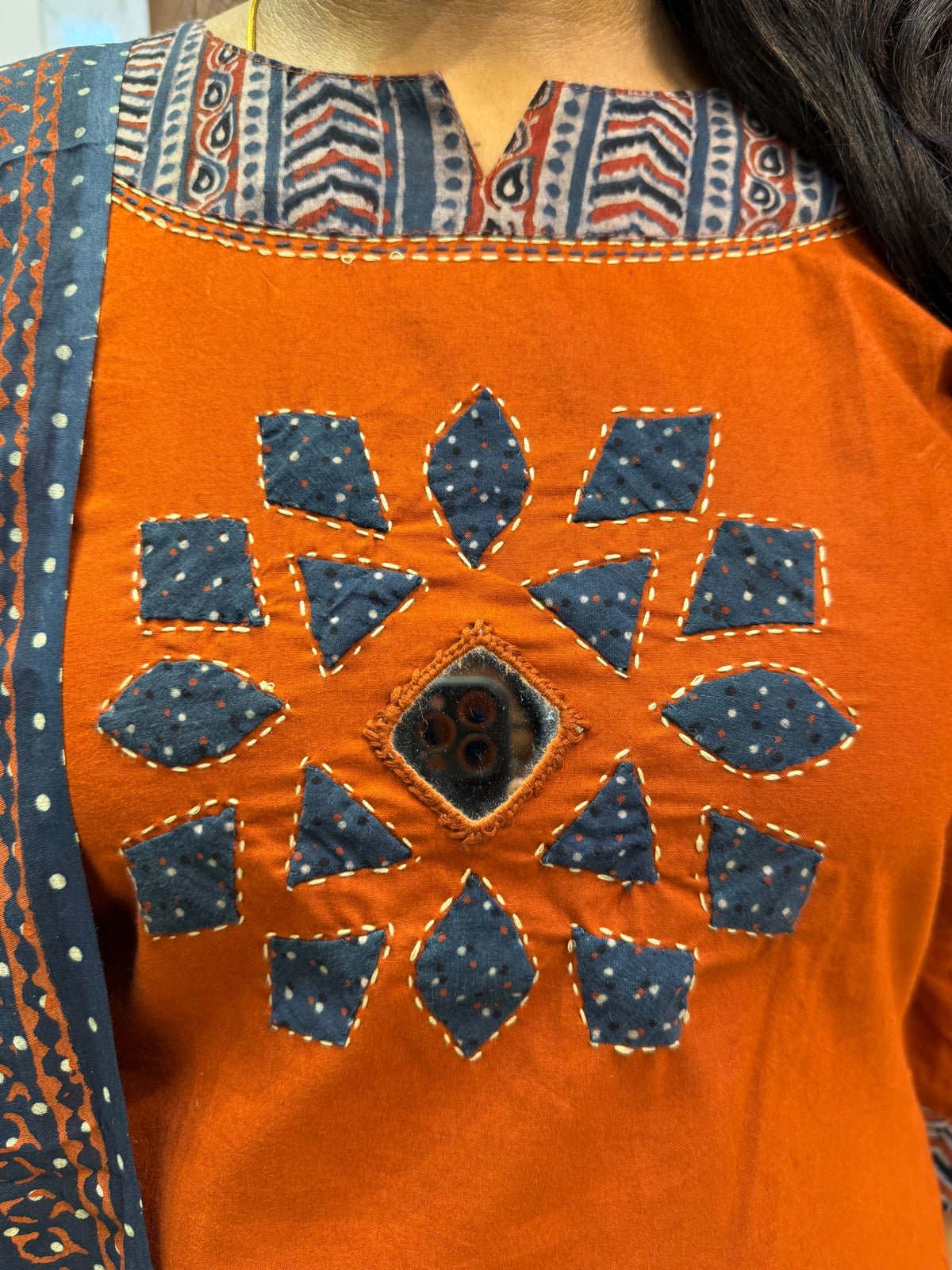 Applique Rust Orange With Blue Pure Cotton Kurti With Pant and Dupatta - HSC1194