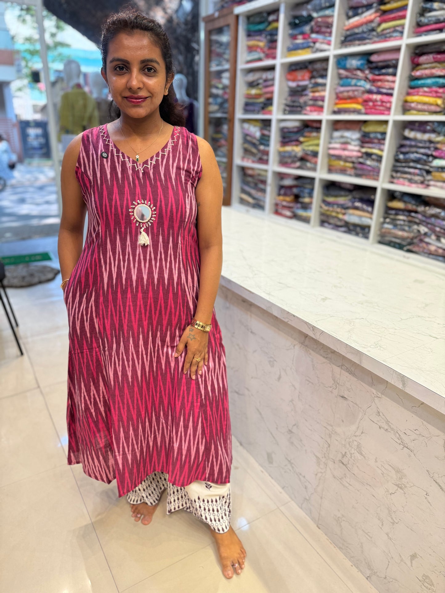 Ikat Sleeveless Pure Cotton Kurti With Palazzo Pant-HSC96