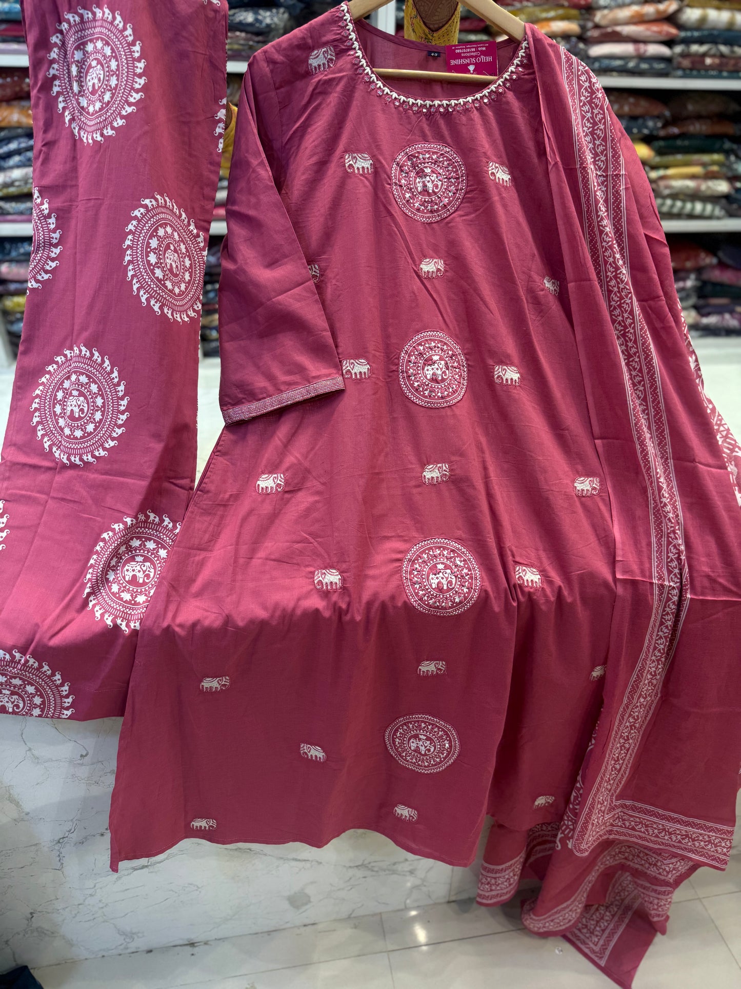 Pink Elephant Pure Cotton Kurti With Pant and Dupatta - HSC1147