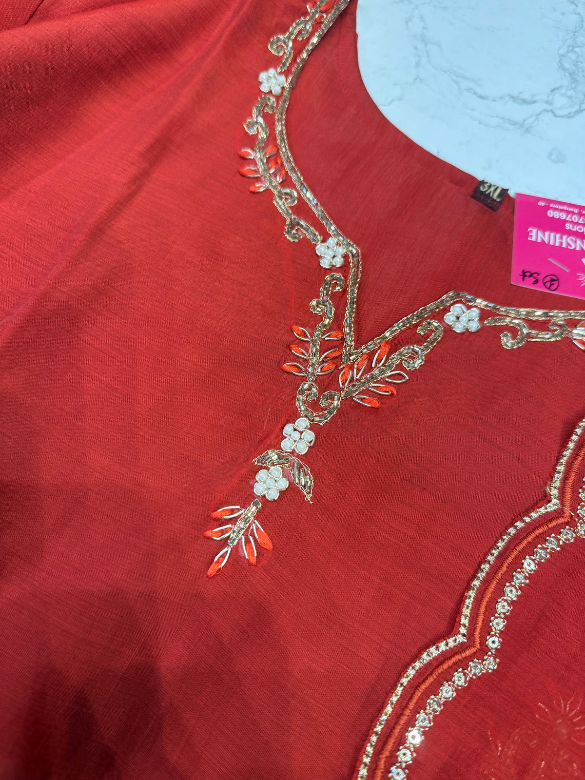 Rust Orange Hand Embroidery Kurti With Pant and Scallop Cutwork Dupatta - HSC1185