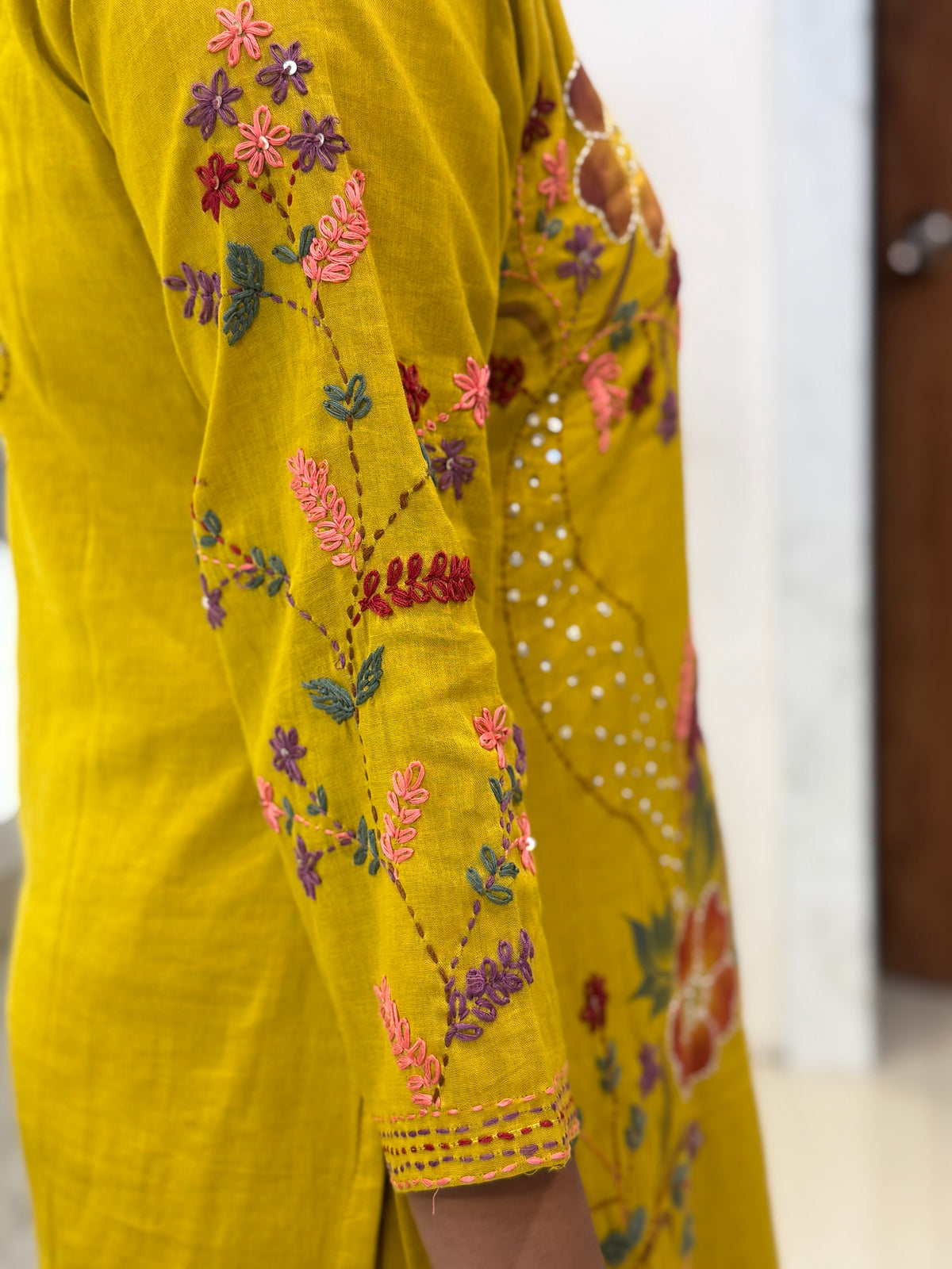 Mustard Hand Thread Embroidery Kurti With Pant and Dupatta - HSC1181