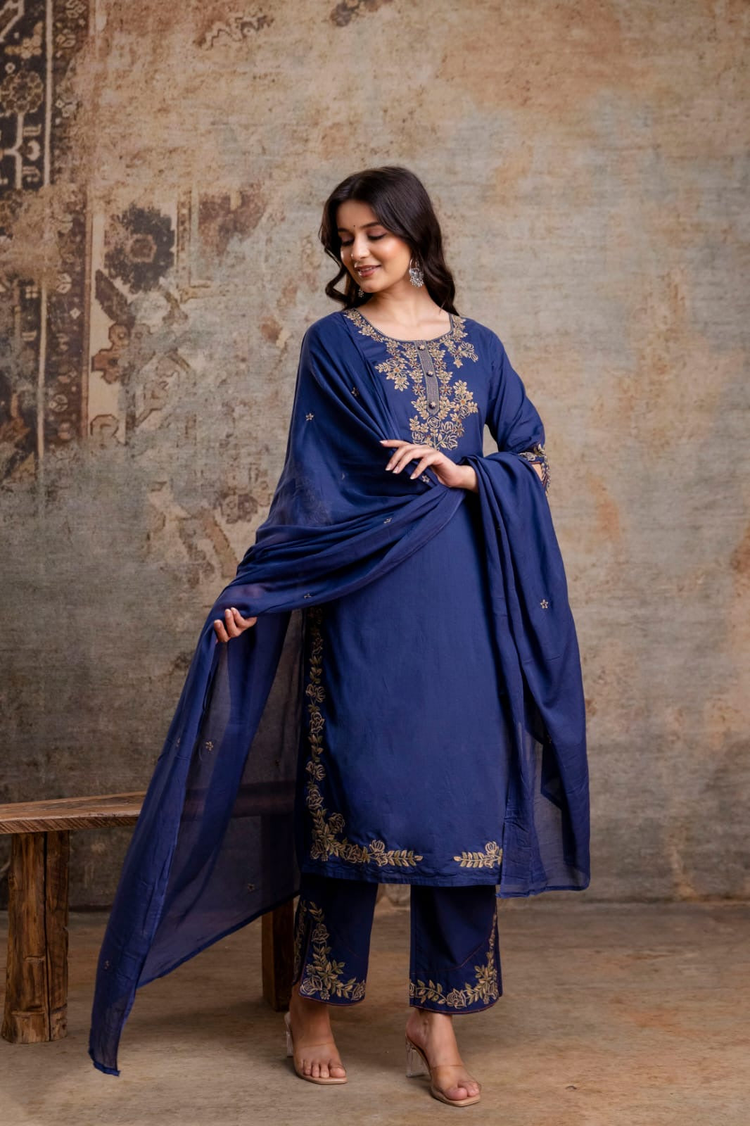 Blue Embroidery Pure Cotton Kurti With Pant and Dupatta - HSC1145