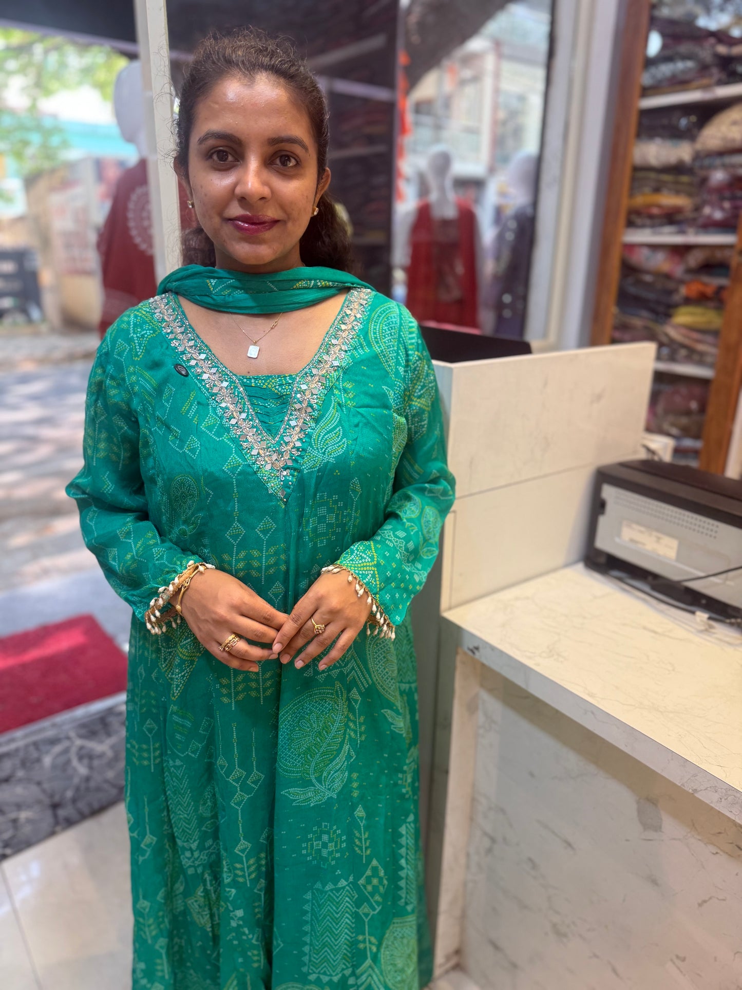 Pure Chinnon Green A-line printed Kurti With Pant and Dupatta-HSC44