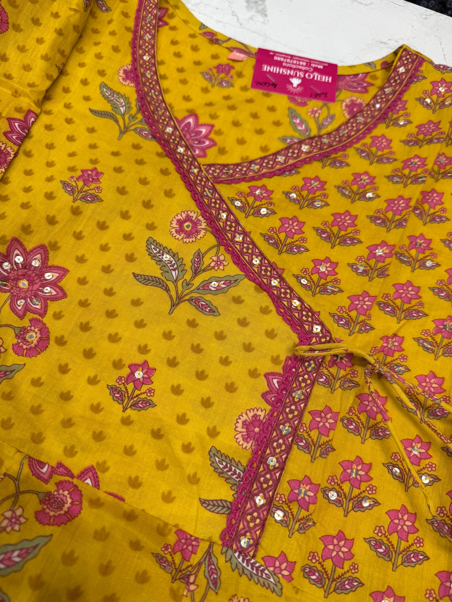 Anarkali Yellow with Pink Pure Cotton Kurti With Pant and Dupatta