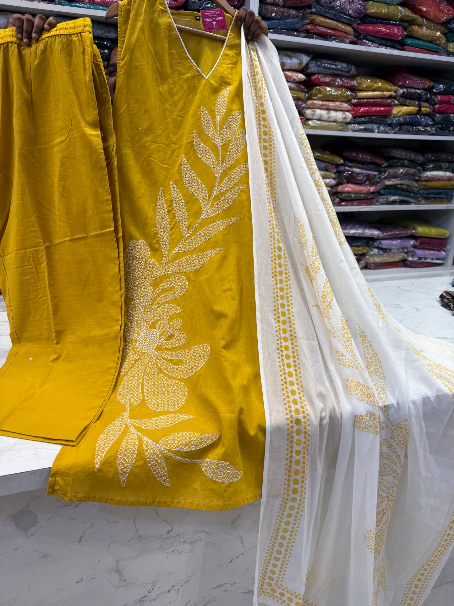 Yellow Pure Cotton Kurti With Pant and White Dupatta