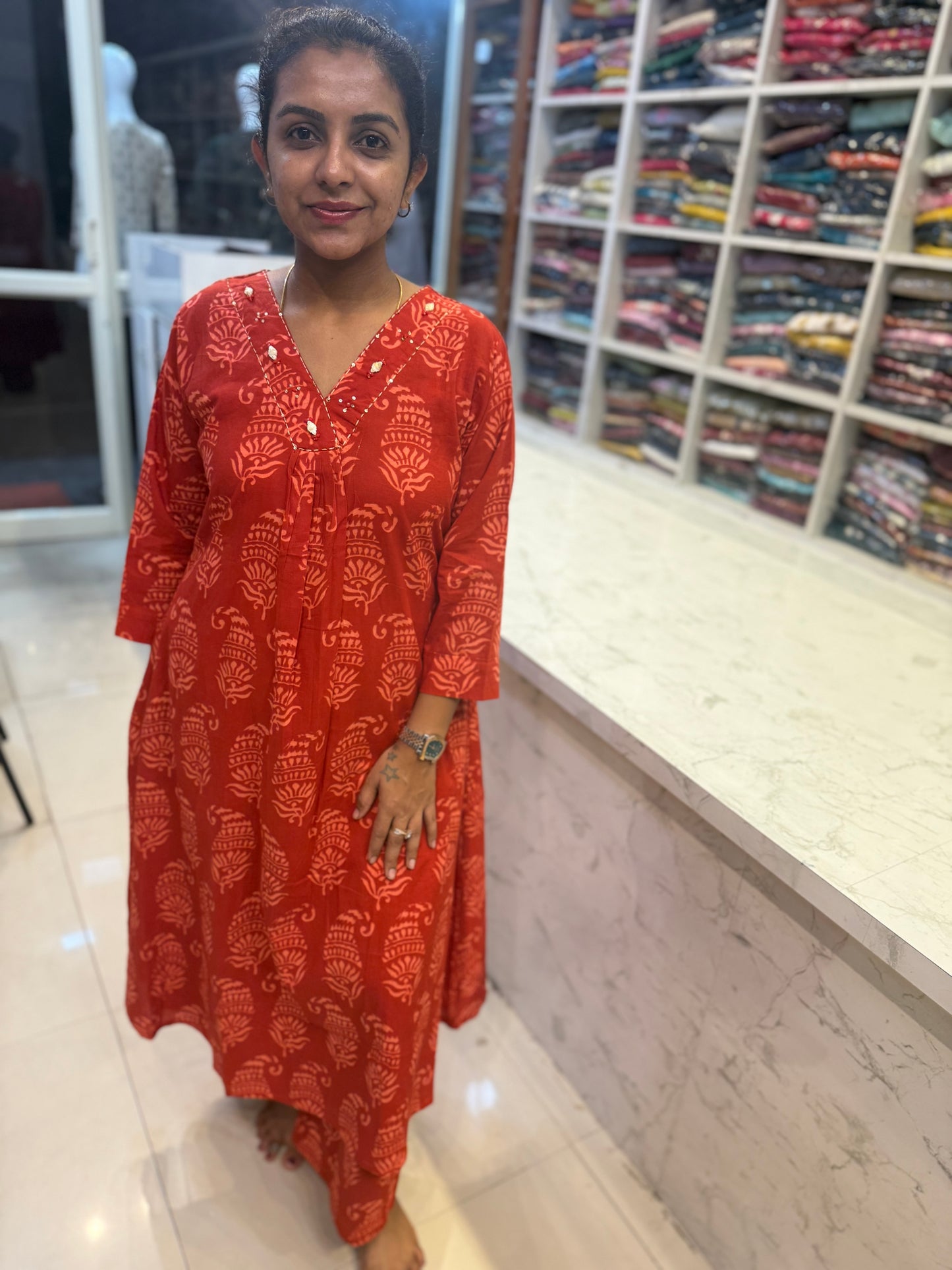 Red Pure Cotton A-line Co-ords Kurti and Pant