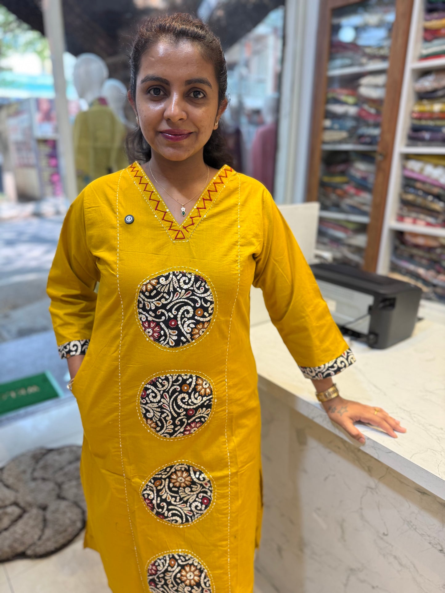 Mustard Dhabu Cotton Patch Work Kurti With Pant-HSC97