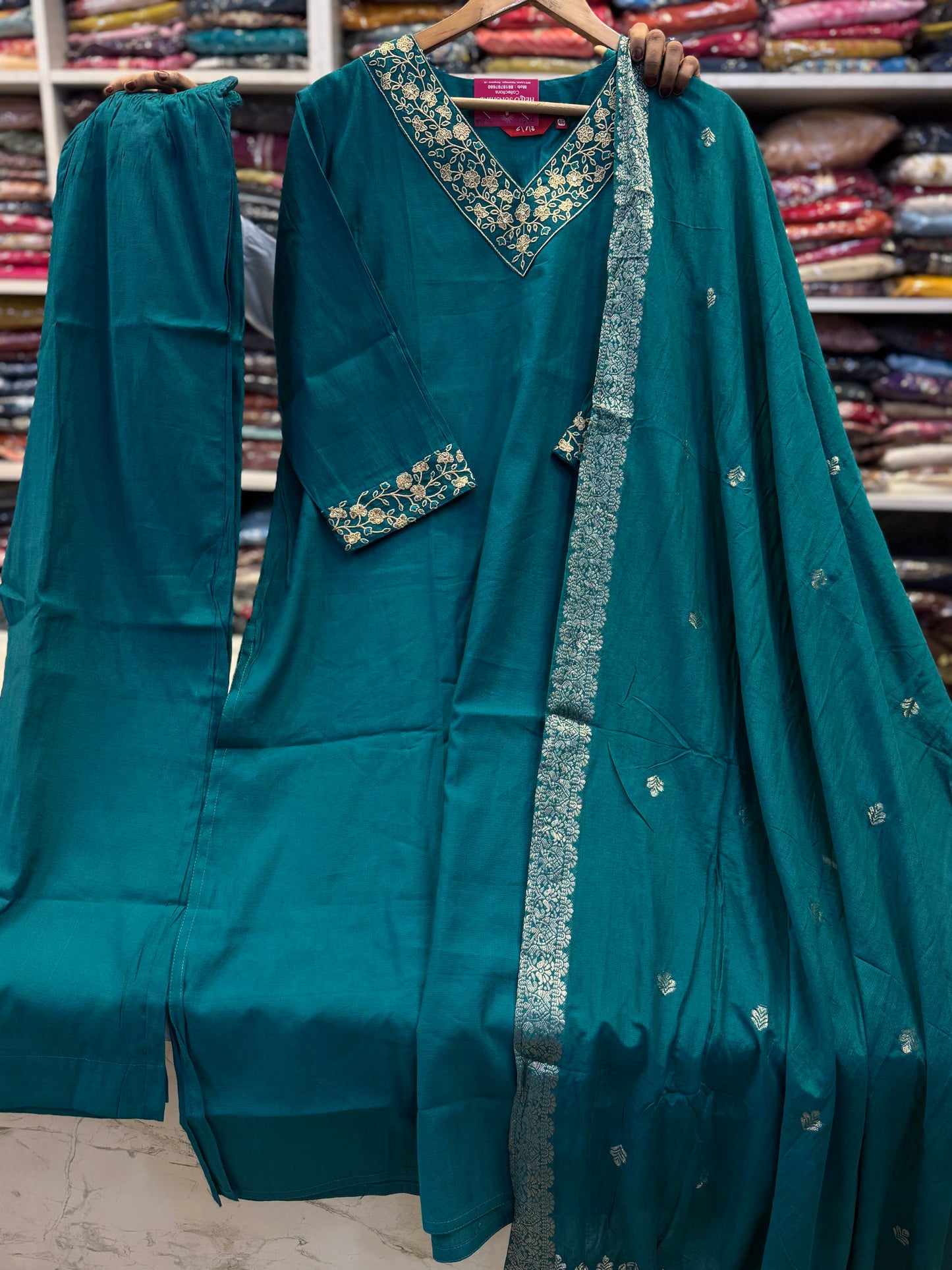 Pure Silk Embroidery Kurti With Pant and Dupatta