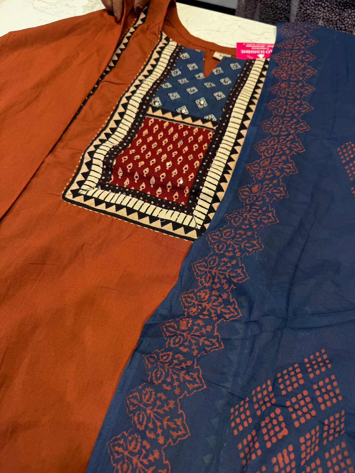 Rust With Blue  Pure Cotton Kurti With Pant and Block Printed Dupatta - HSC1178