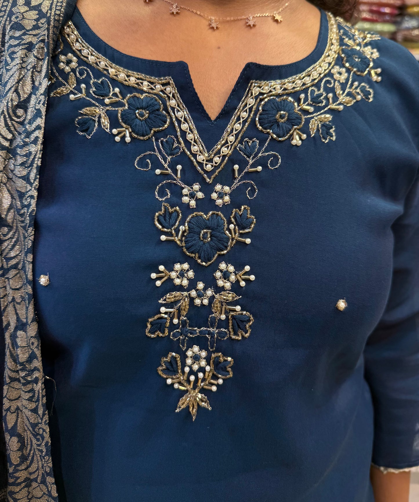 Blue Roman Silk Party wear Kurti With Pant and Dupatta