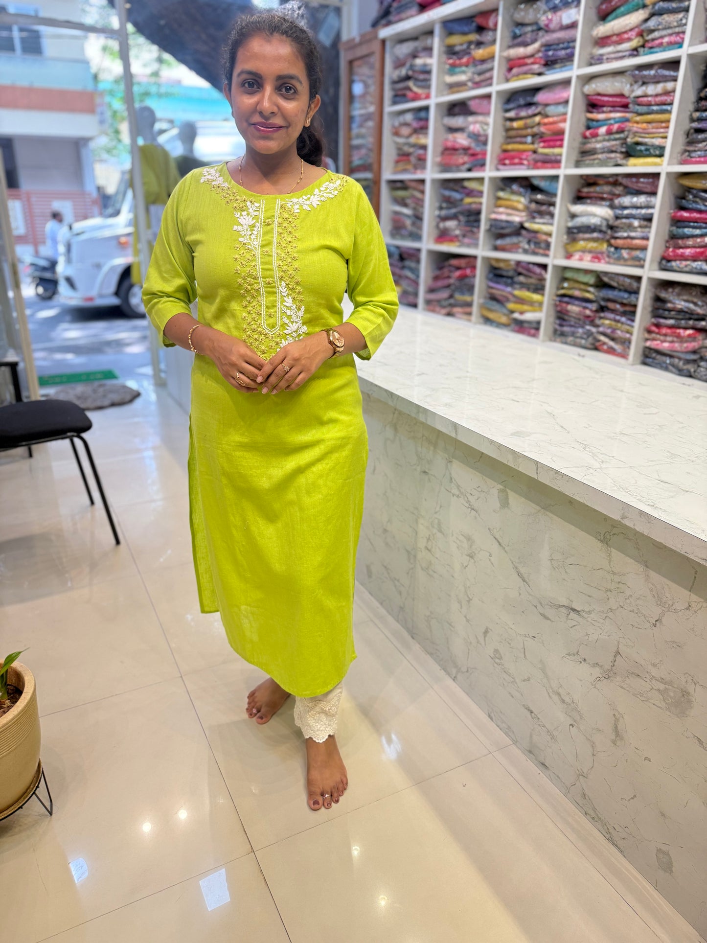 Lime Green Thread Work Cotton Kurti
