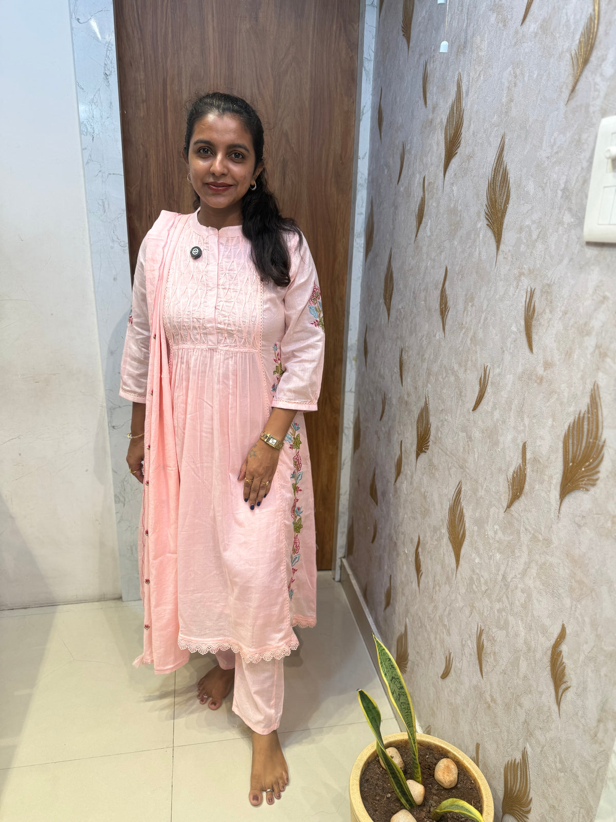 Baby pink Pure Mul Cotton Embroidered Kurti With Pant and Dupatta -HSC1219