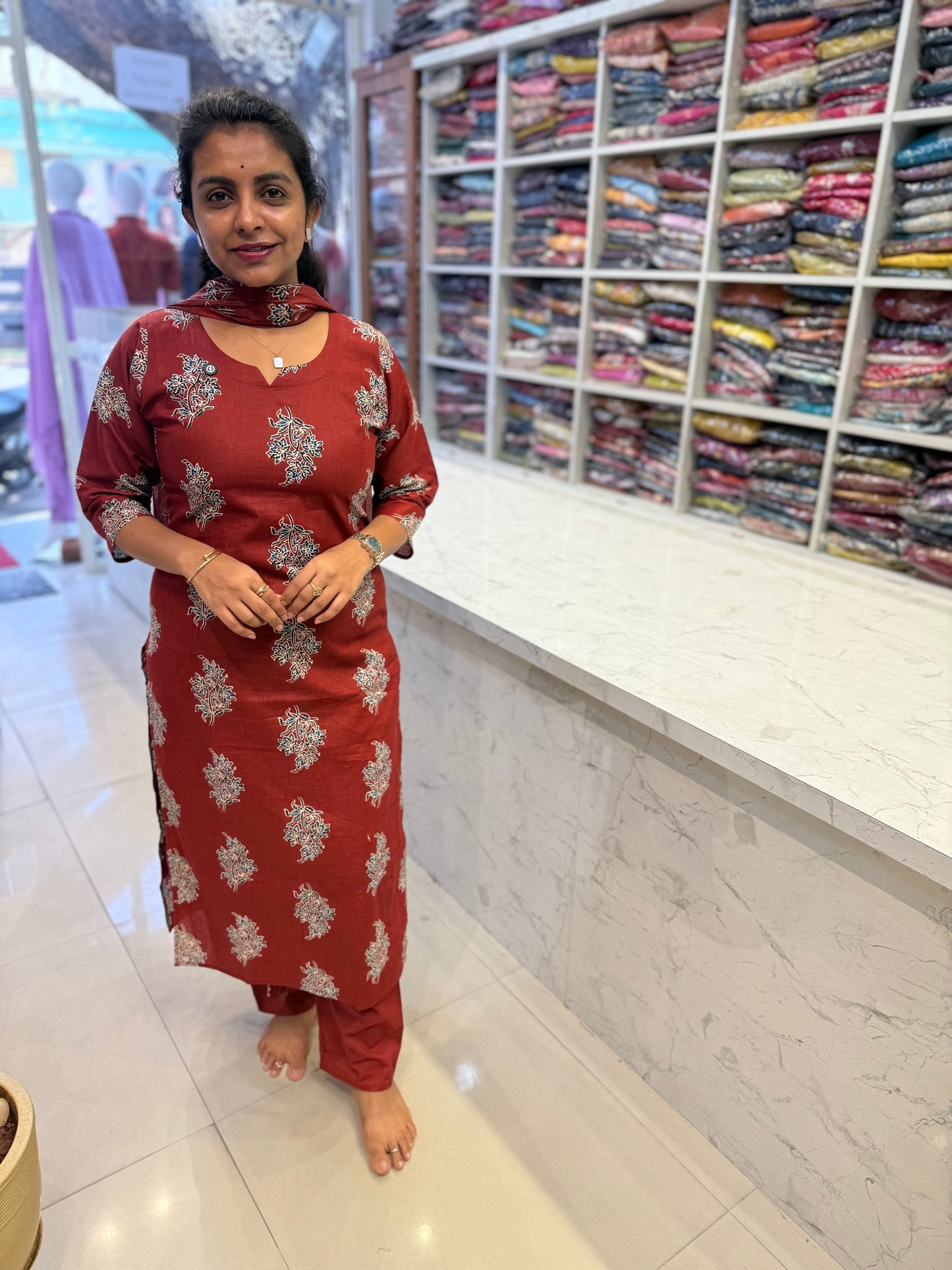 Marron Printed Kurti With Pant and Dupatta
