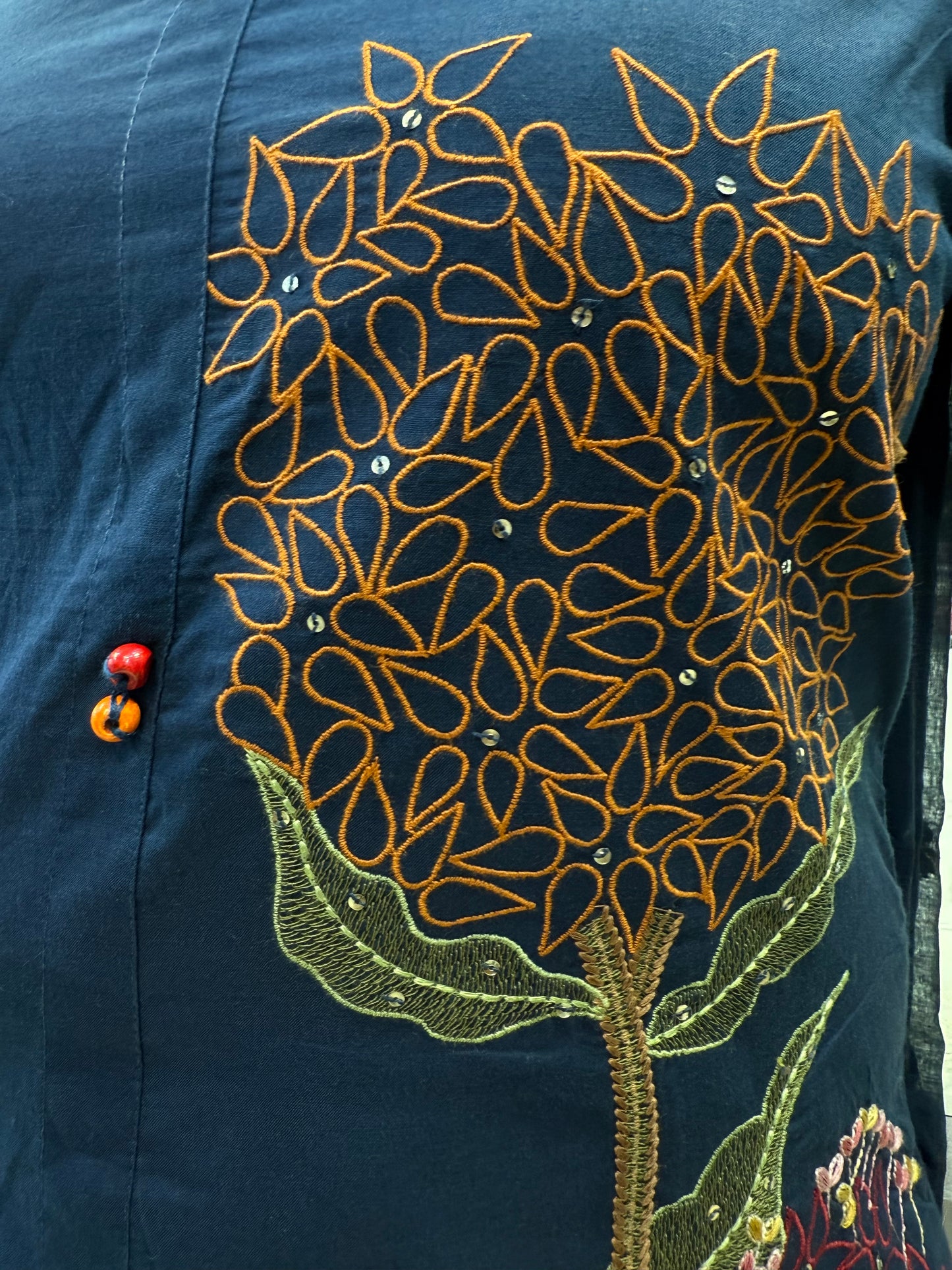 Navy Blue Embroidery Cotton Kurti With Pant and Dupatta-HSC30
